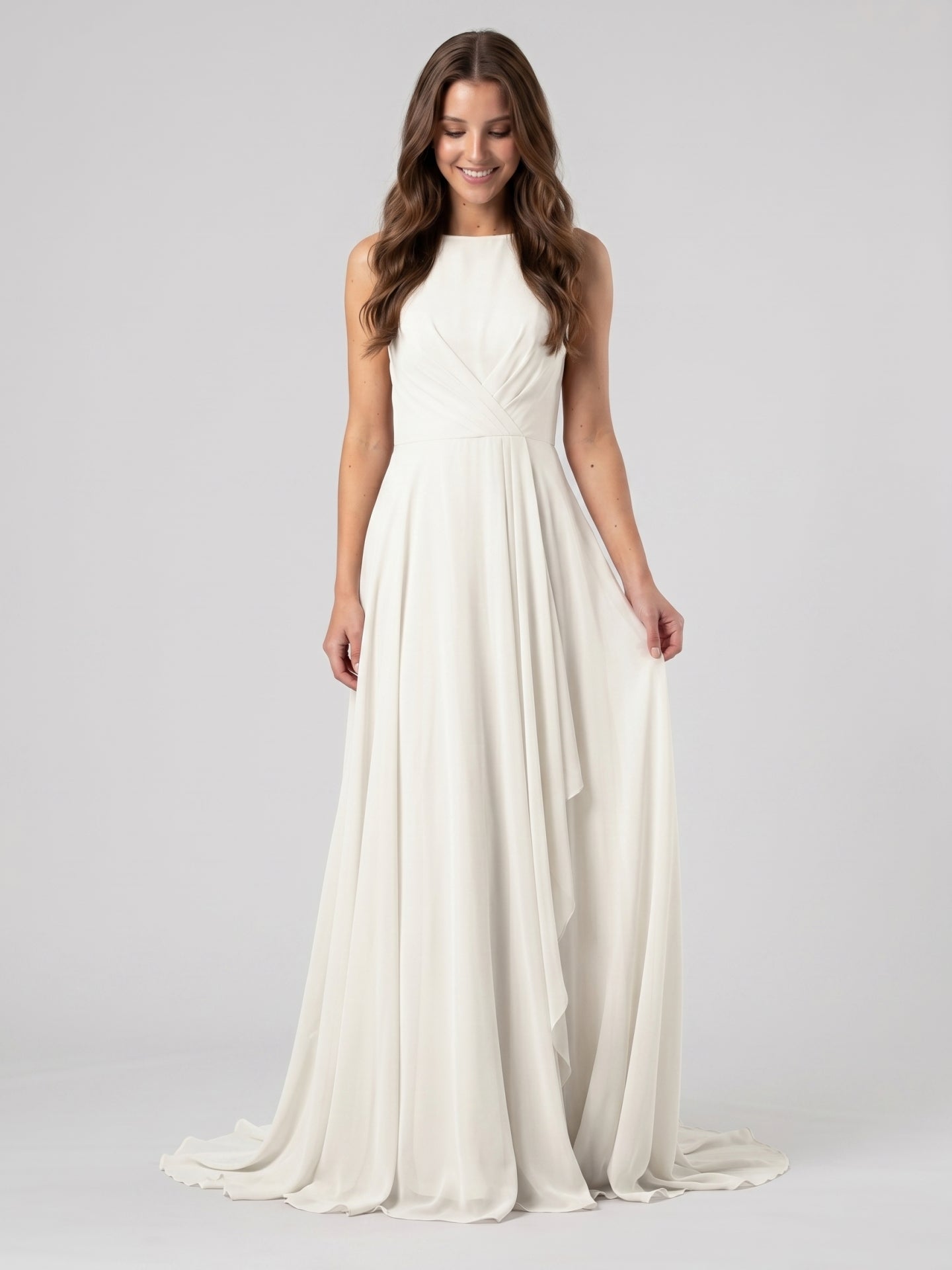 Ivory Chiffon A-Line Scoop Neck V-Back Floor-Length Pleated Bridesmaid Dress