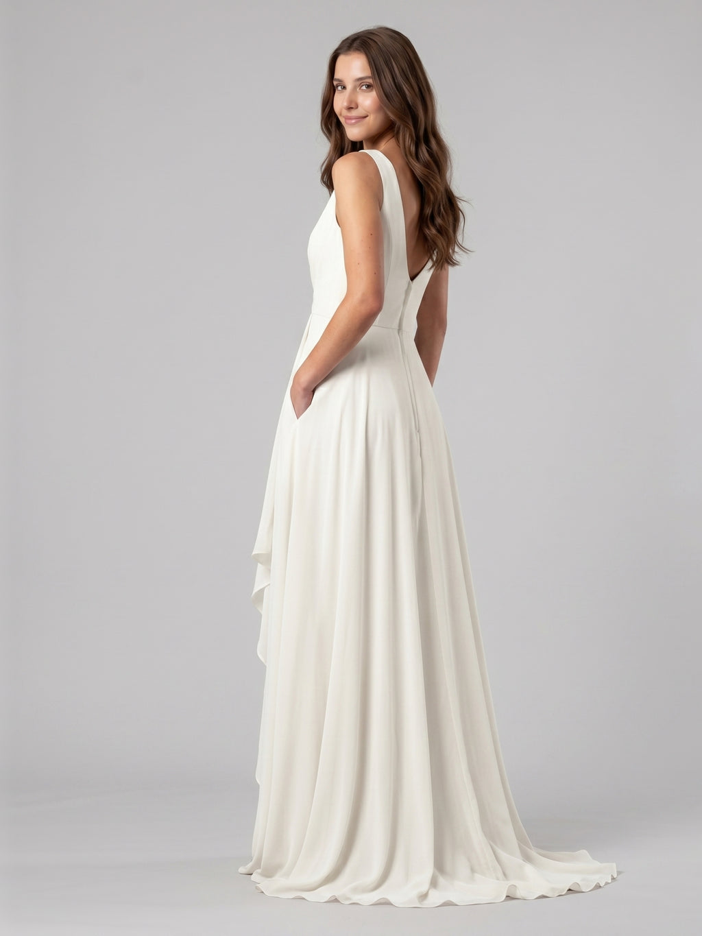 Ivory Chiffon A-Line Scoop Neck V-Back Floor-Length Pleated Bridesmaid Dress