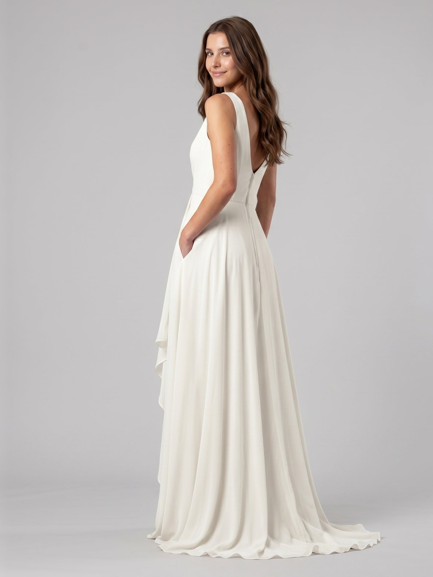 Ivory Chiffon A-Line Scoop Neck V-Back Floor-Length Pleated Bridesmaid Dress