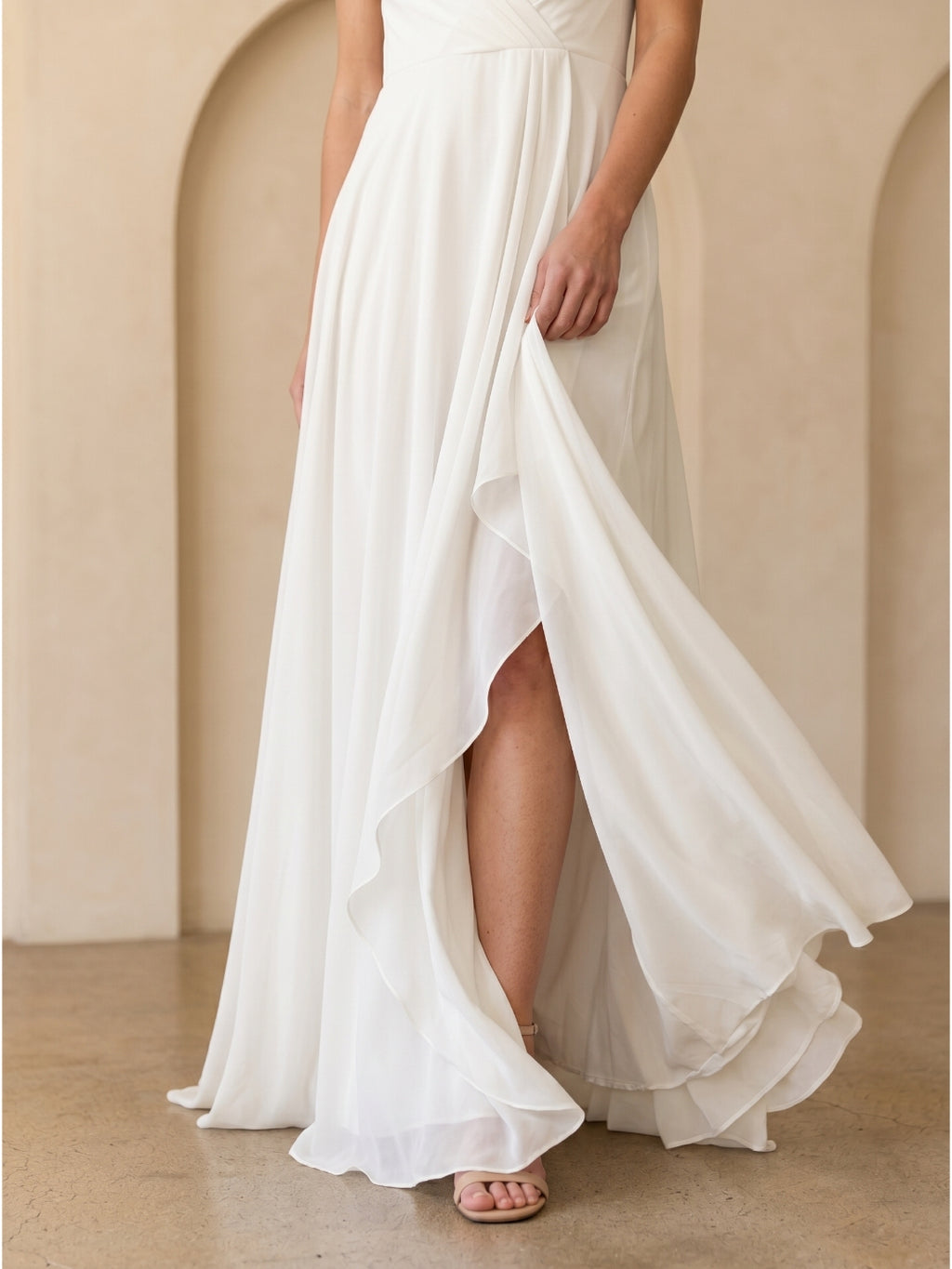 Ivory Chiffon A-Line Scoop Neck V-Back Floor-Length Pleated Bridesmaid Dress