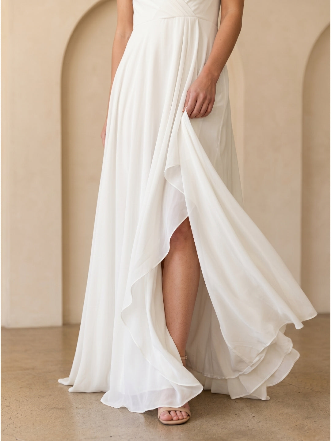 Ivory Chiffon A-Line Scoop Neck V-Back Floor-Length Pleated Bridesmaid Dress