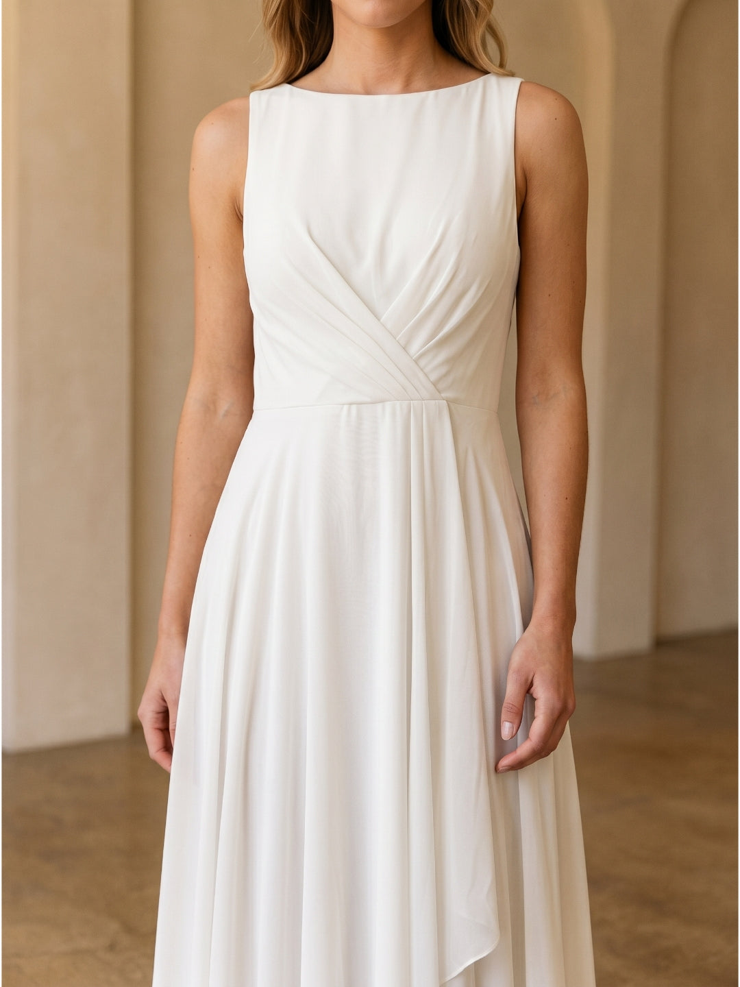 Ivory Chiffon A-Line Scoop Neck V-Back Floor-Length Pleated Bridesmaid Dress