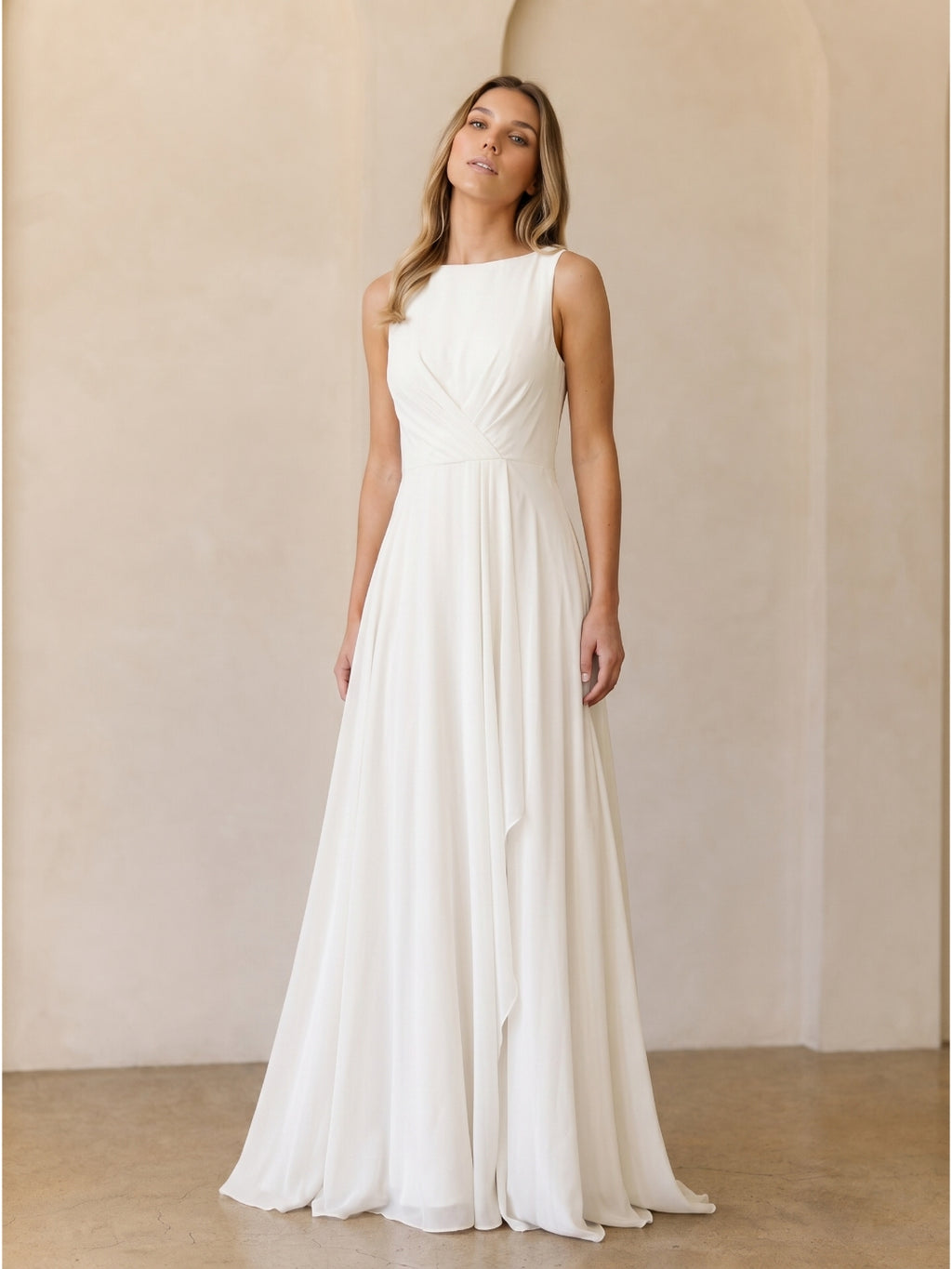 Ivory Chiffon A-Line Scoop Neck V-Back Floor-Length Pleated Bridesmaid Dress