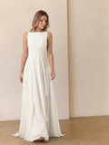 Ivory Chiffon A-Line Scoop Neck V-Back Floor-Length Pleated Bridesmaid Dress