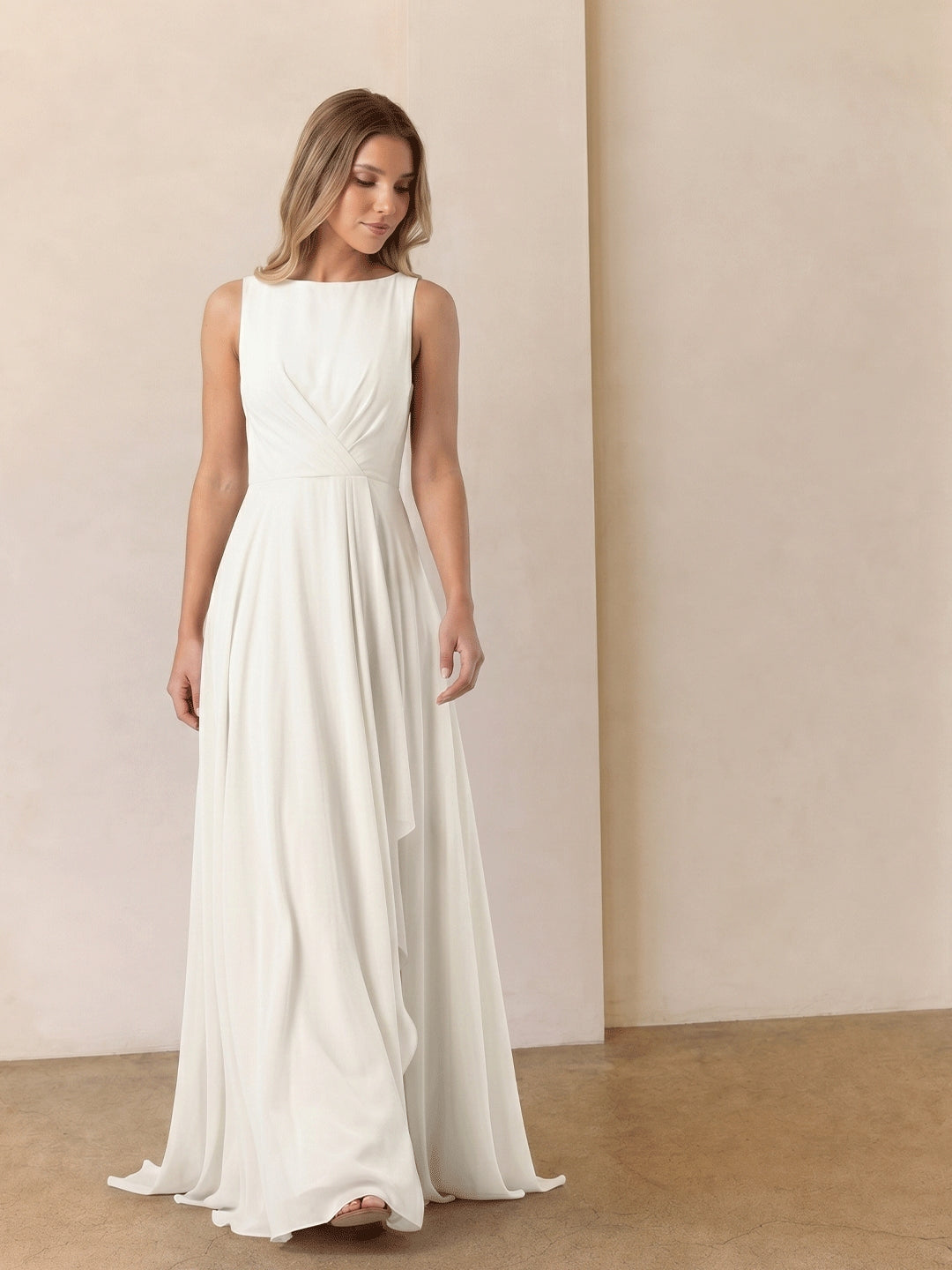 Ivory Chiffon A-Line Scoop Neck V-Back Floor-Length Pleated Bridesmaid Dress