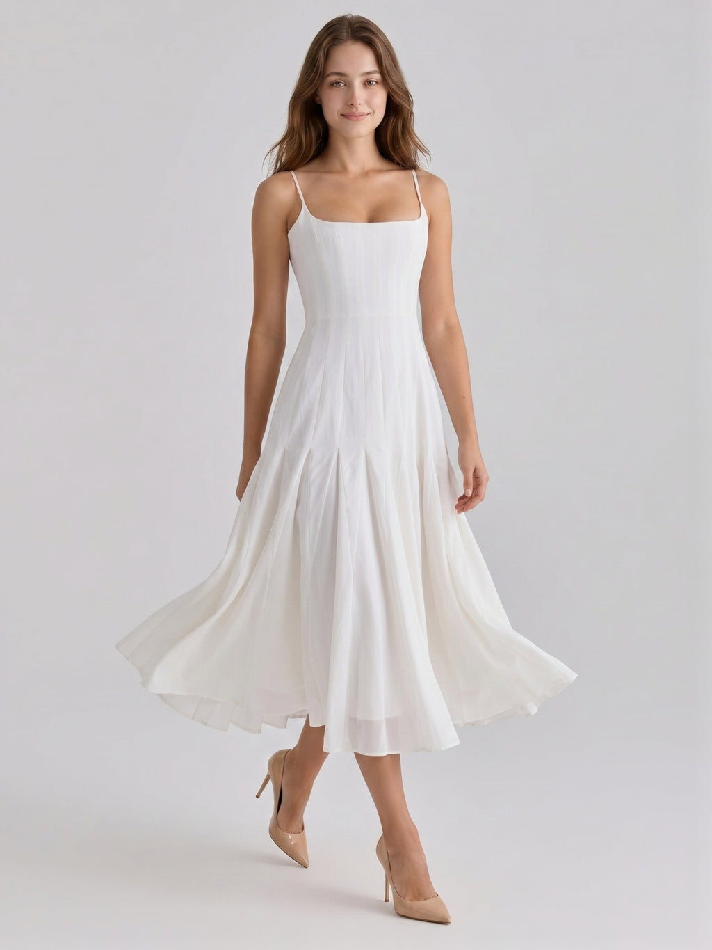 Ivory Chiffon A-Line Square Neck Back Zip Tea-Length Pleated Bridesmaid Dress