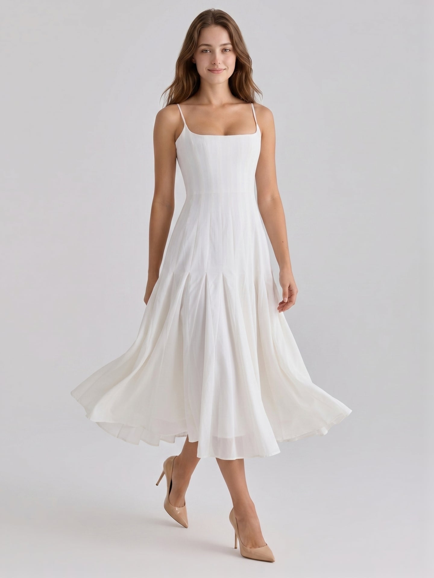Ivory Chiffon A-Line Square Neck Back Zip Tea-Length Pleated Bridesmaid Dress