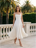 Ivory Chiffon A-Line Square Neck Back Zip Tea-Length Pleated Bridesmaid Dress
