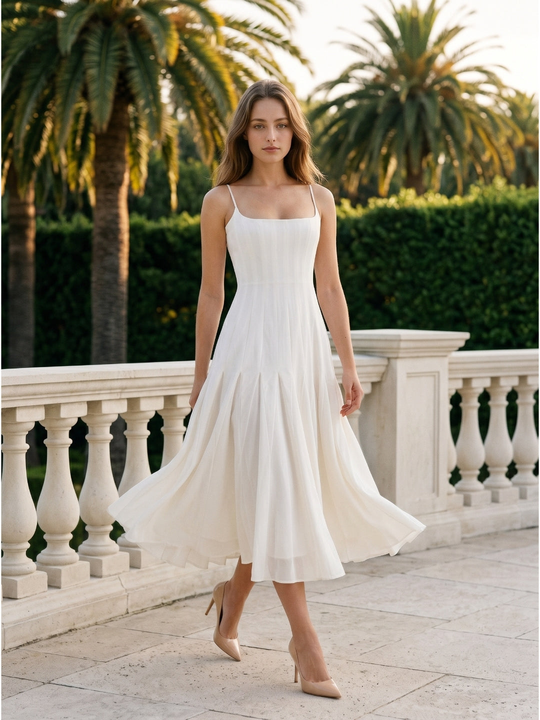 Ivory Chiffon A-Line Square Neck Back Zip Tea-Length Pleated Bridesmaid Dress