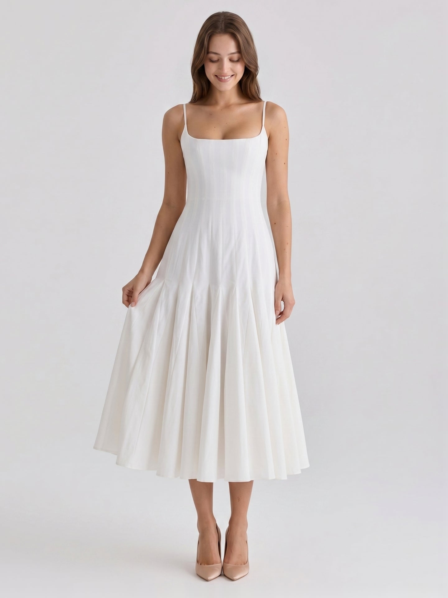 Ivory Chiffon A-Line Square Neck Back Zip Tea-Length Pleated Bridesmaid Dress