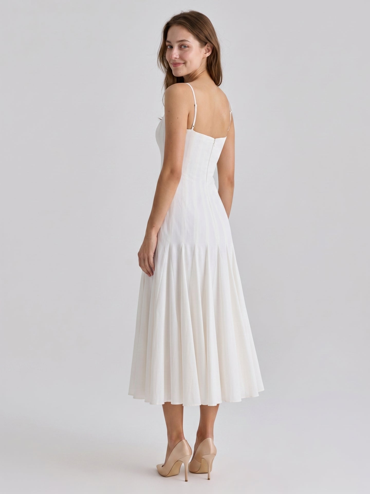 Ivory Chiffon A-Line Square Neck Back Zip Tea-Length Pleated Bridesmaid Dress