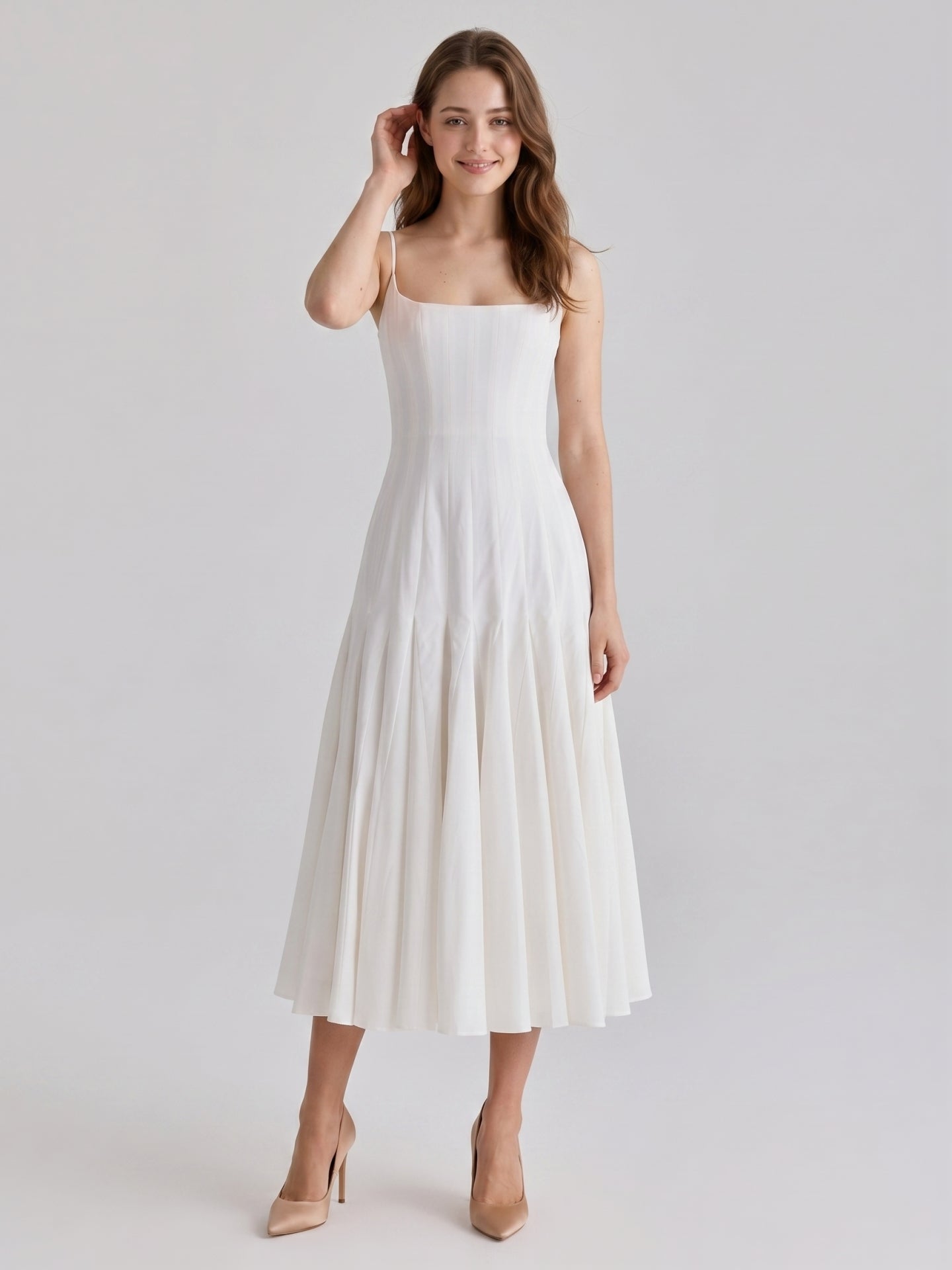 Ivory Chiffon A-Line Square Neck Back Zip Tea-Length Pleated Bridesmaid Dress