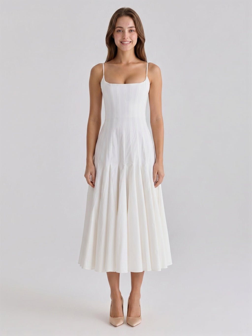 Ivory Chiffon A-Line Square Neck Back Zip Tea-Length Pleated Bridesmaid Dress