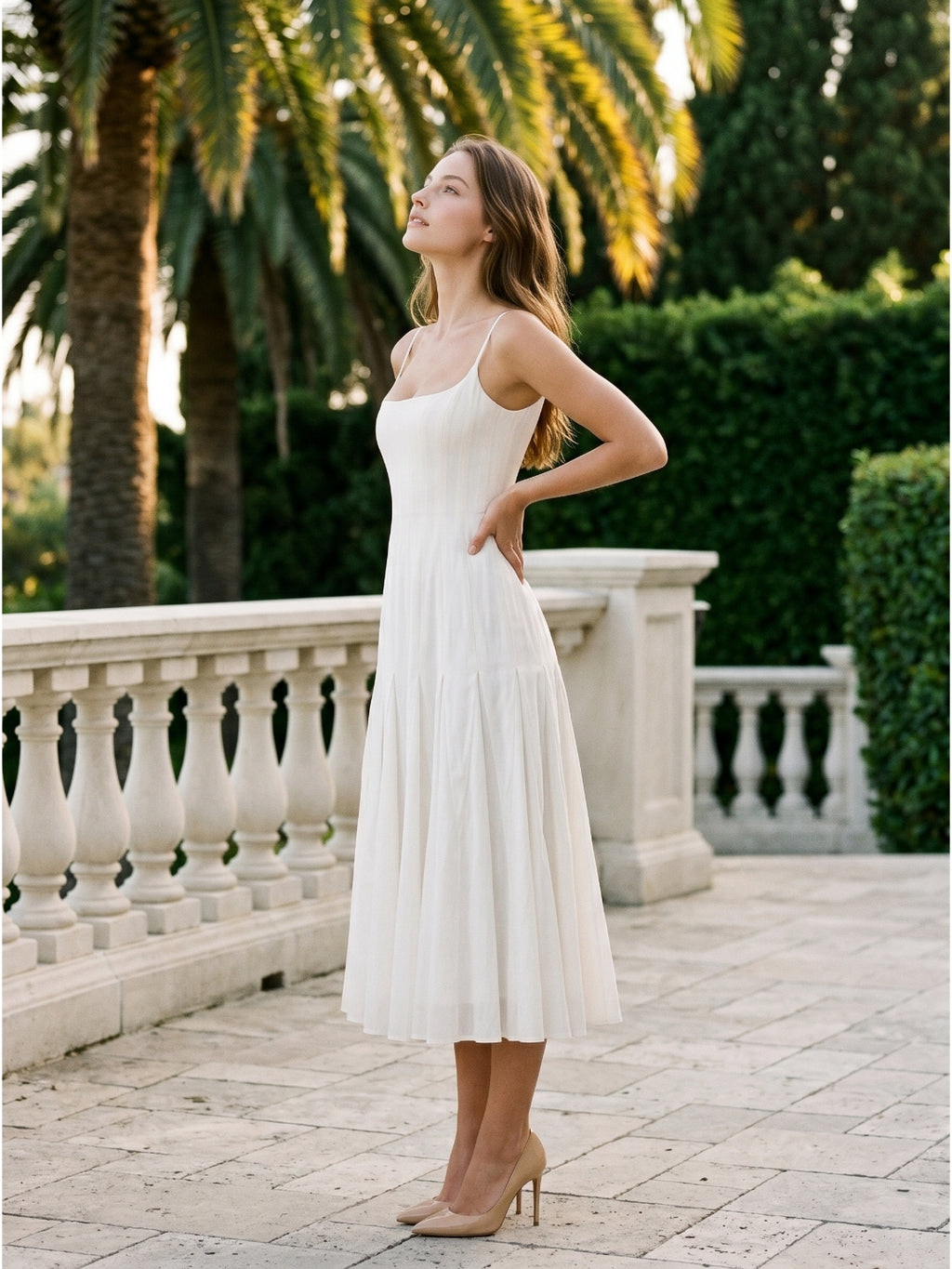 Ivory Chiffon A-Line Square Neck Back Zip Tea-Length Pleated Bridesmaid Dress