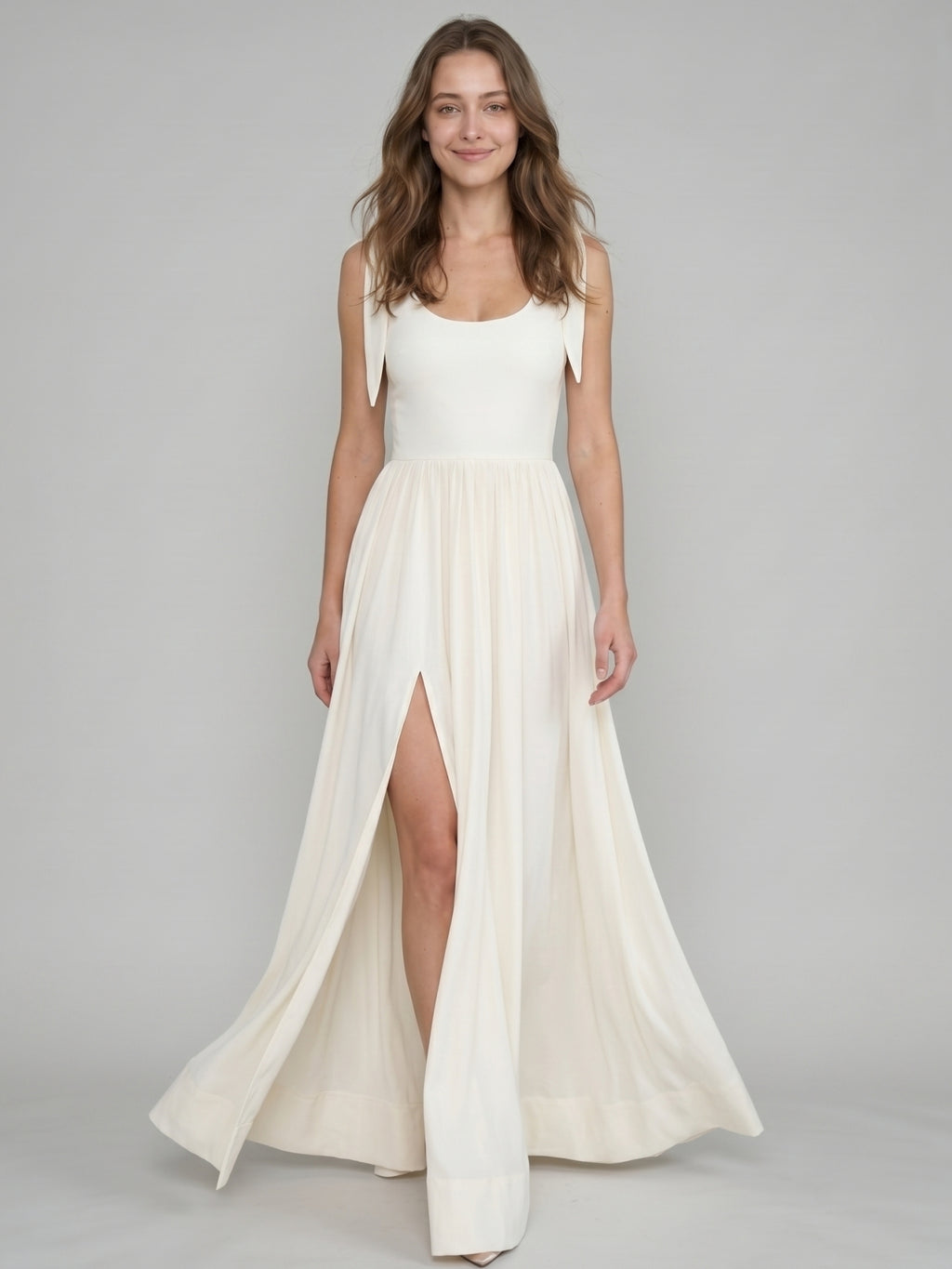 Ivory Chiffon A-Line Square Neck Floor-Length Bridesmaid Dress with Bow