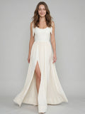 Ivory Chiffon A-Line Square Neck Floor-Length Bridesmaid Dress with Bow