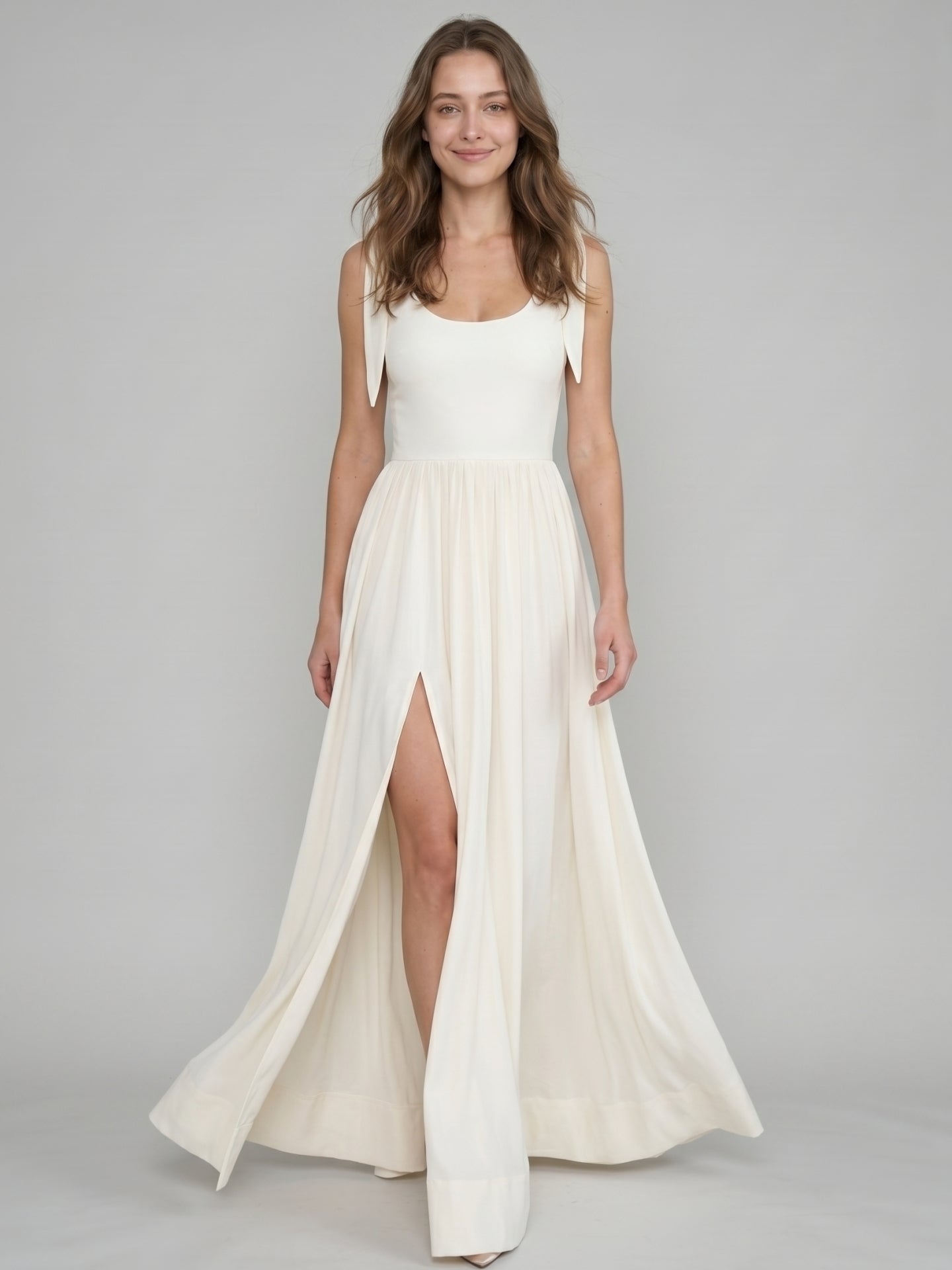Ivory Chiffon A-Line Square Neck Floor-Length Bridesmaid Dress with Bow