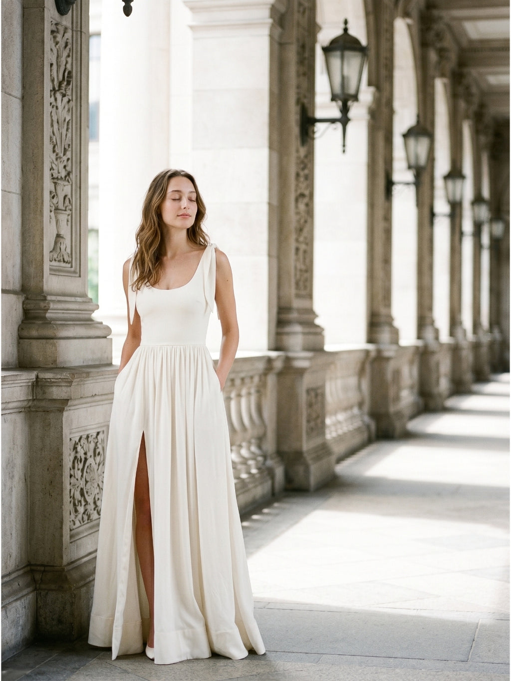 Ivory Chiffon A-Line Square Neck Floor-Length Bridesmaid Dress with Bow