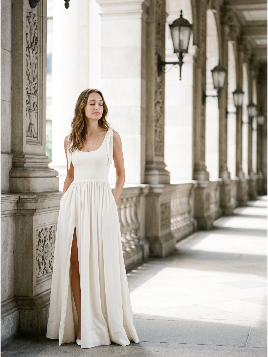 Ivory Chiffon A-Line Square Neck Floor-Length Bridesmaid Dress with Bow