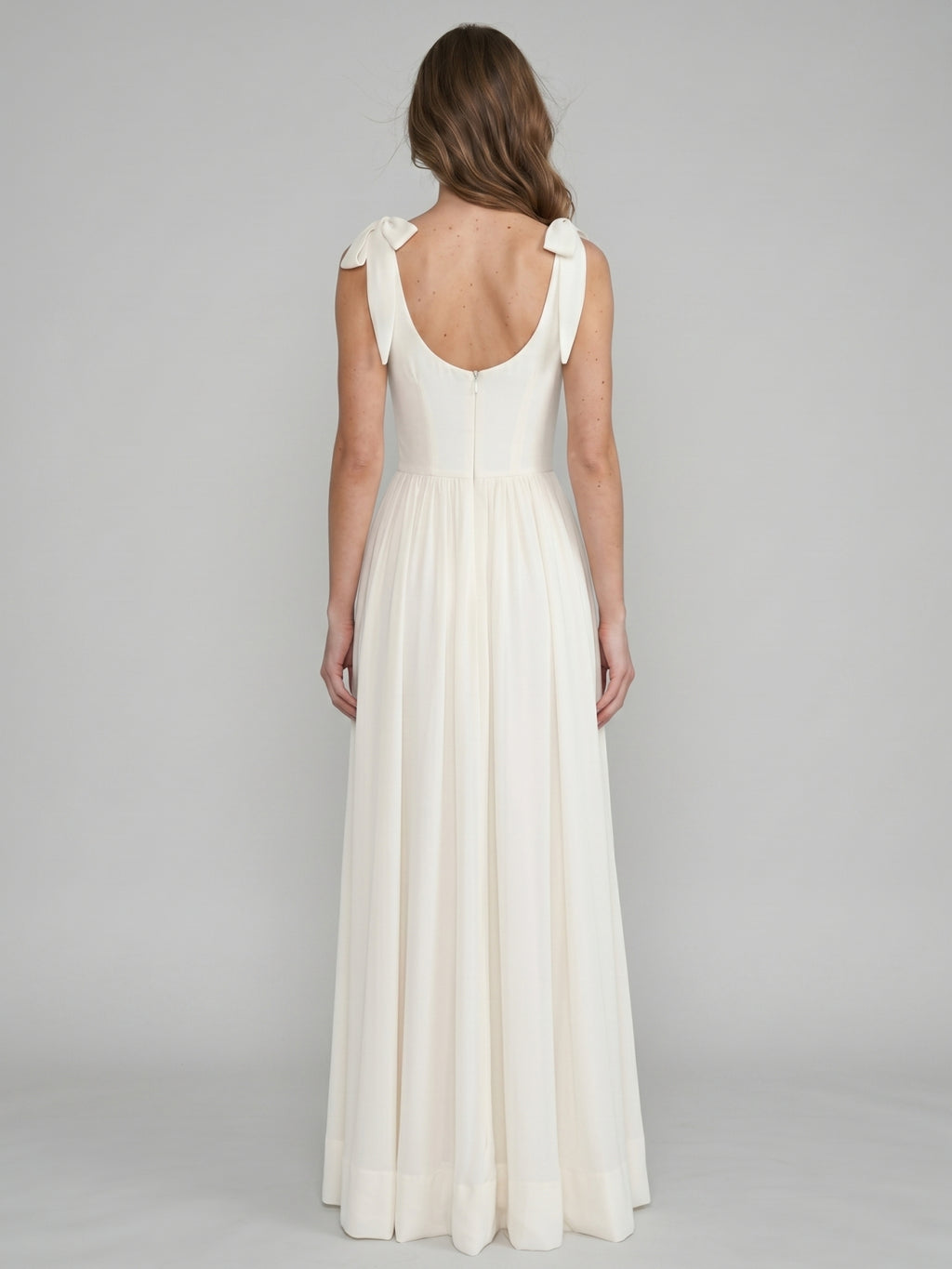 Ivory Chiffon A-Line Square Neck Floor-Length Bridesmaid Dress with Bow