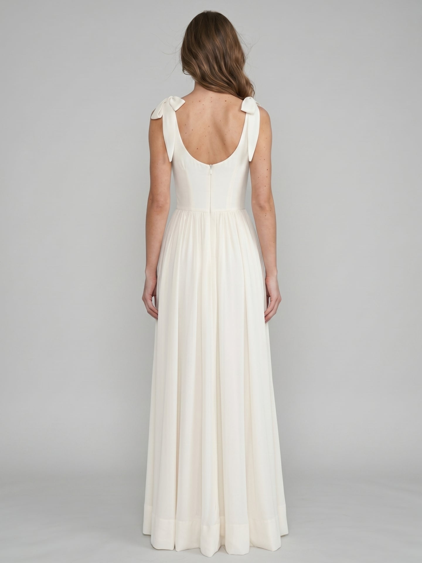Ivory Chiffon A-Line Square Neck Floor-Length Bridesmaid Dress with Bow