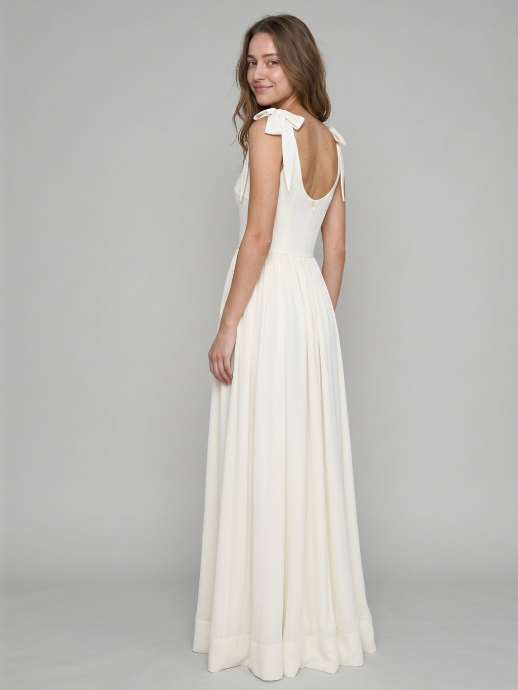 Ivory Chiffon A-Line Square Neck Floor-Length Bridesmaid Dress with Bow