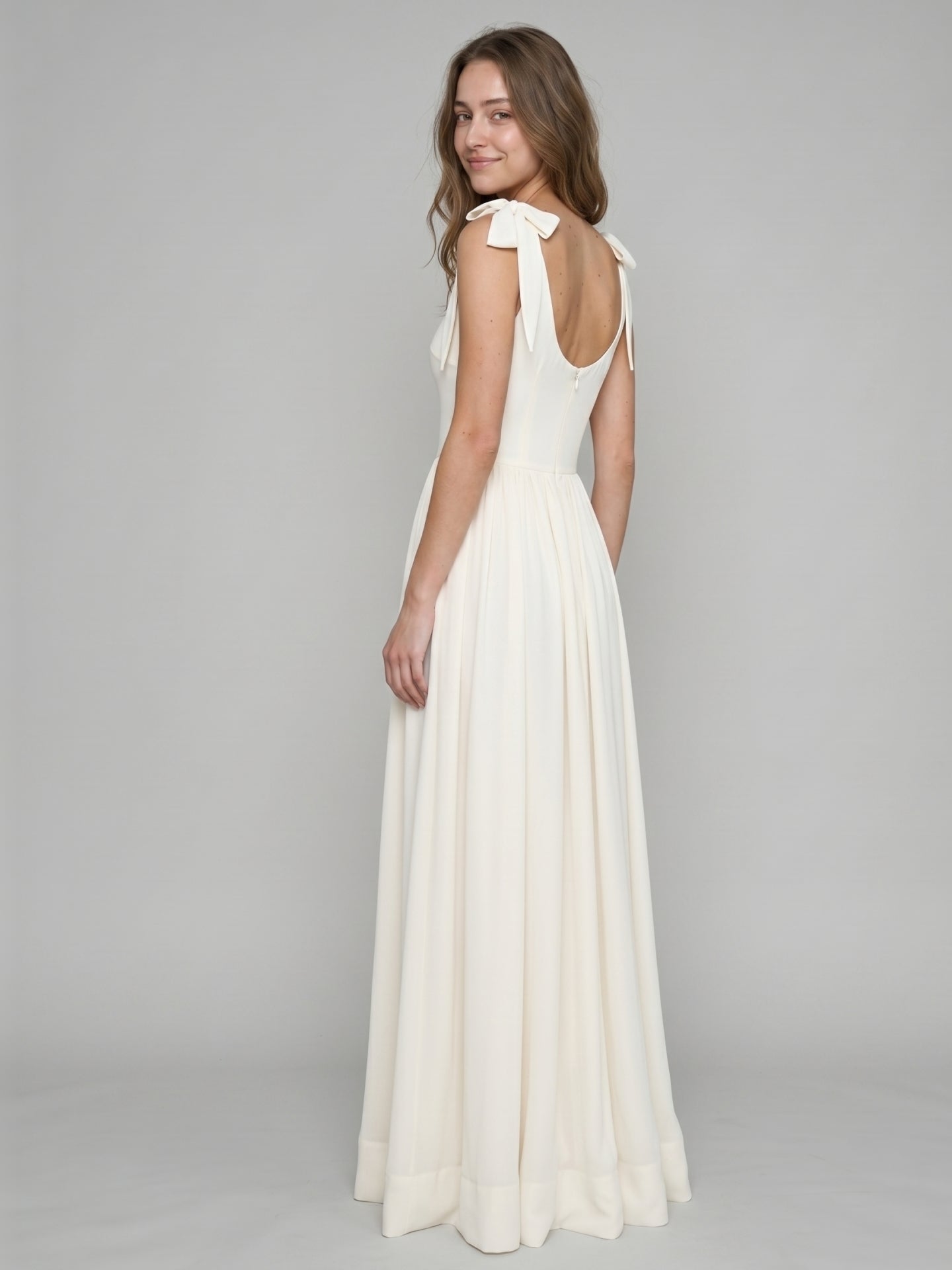 Ivory Chiffon A-Line Square Neck Floor-Length Bridesmaid Dress with Bow