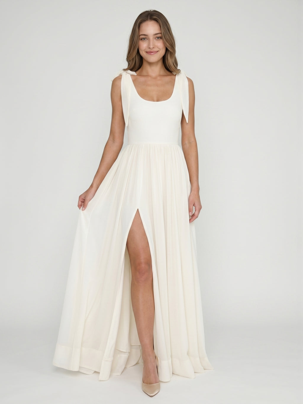 Ivory Chiffon A-Line Square Neck Floor-Length Bridesmaid Dress with Bow