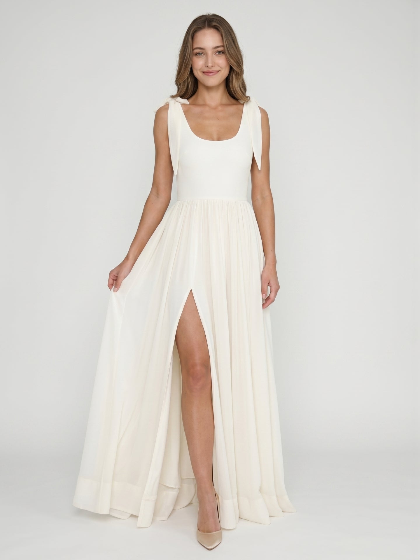 Ivory Chiffon A-Line Square Neck Floor-Length Bridesmaid Dress with Bow
