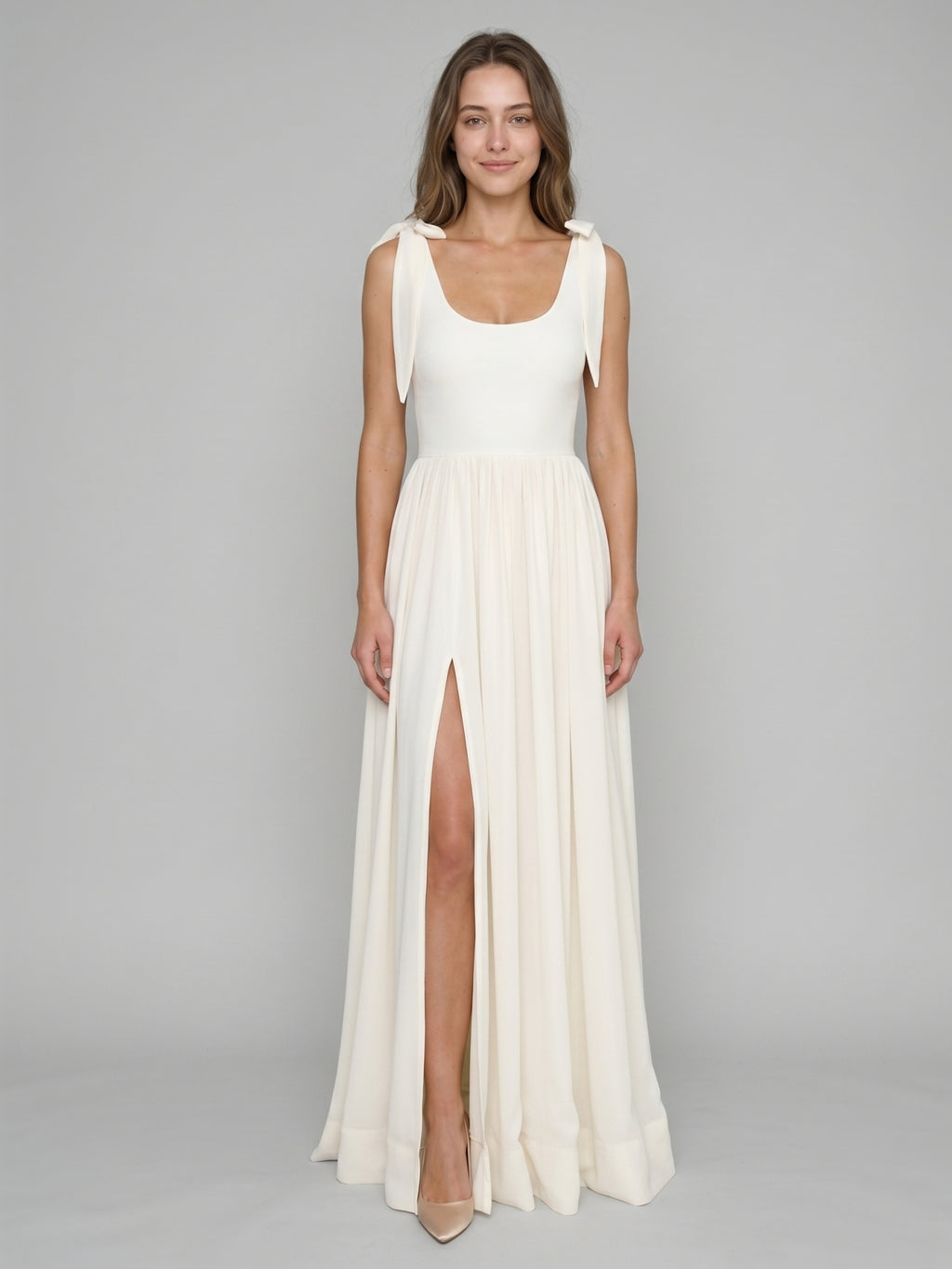 Ivory Chiffon A-Line Square Neck Floor-Length Bridesmaid Dress with Bow