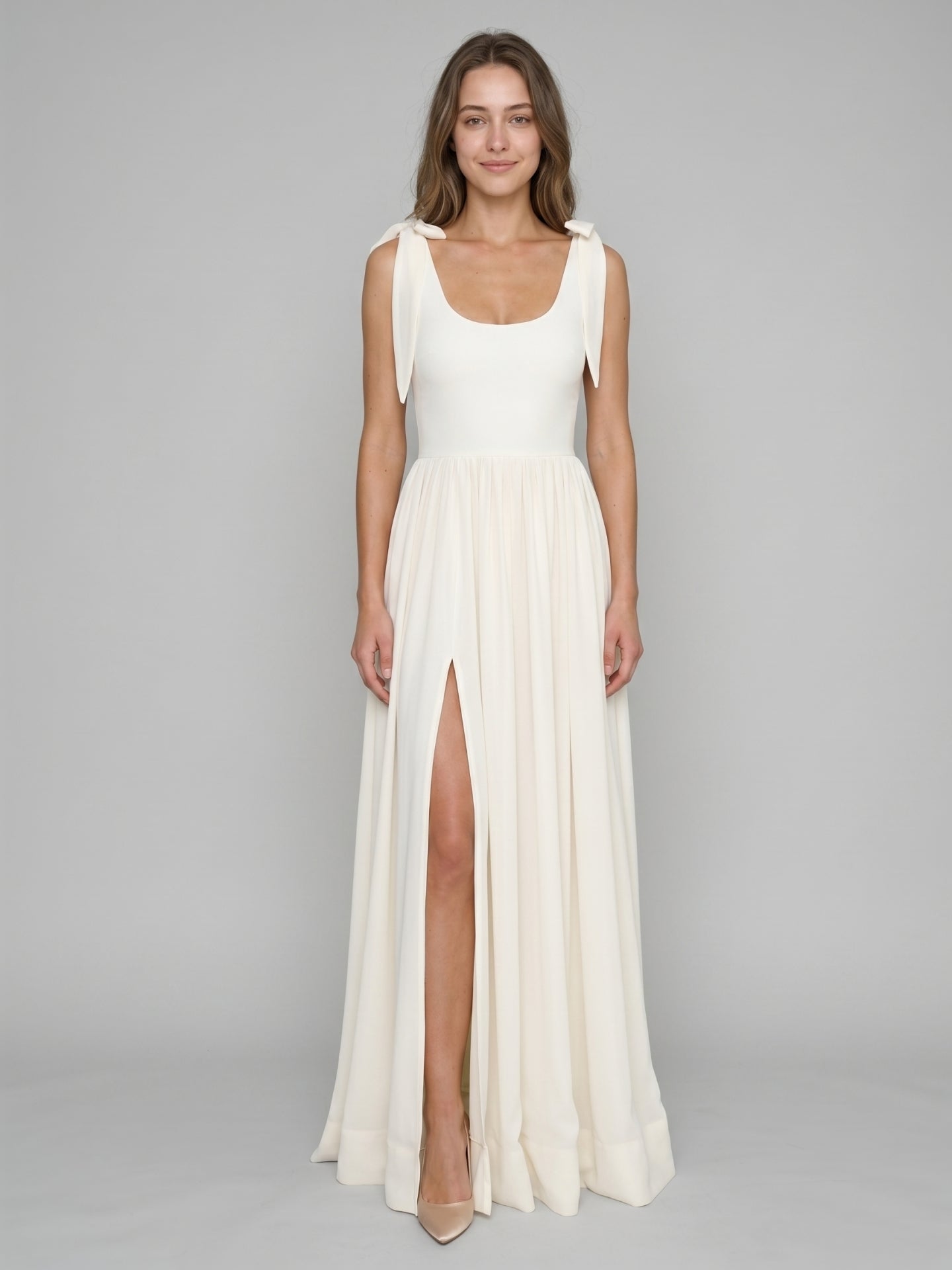 Ivory Chiffon A-Line Square Neck Floor-Length Bridesmaid Dress with Bow