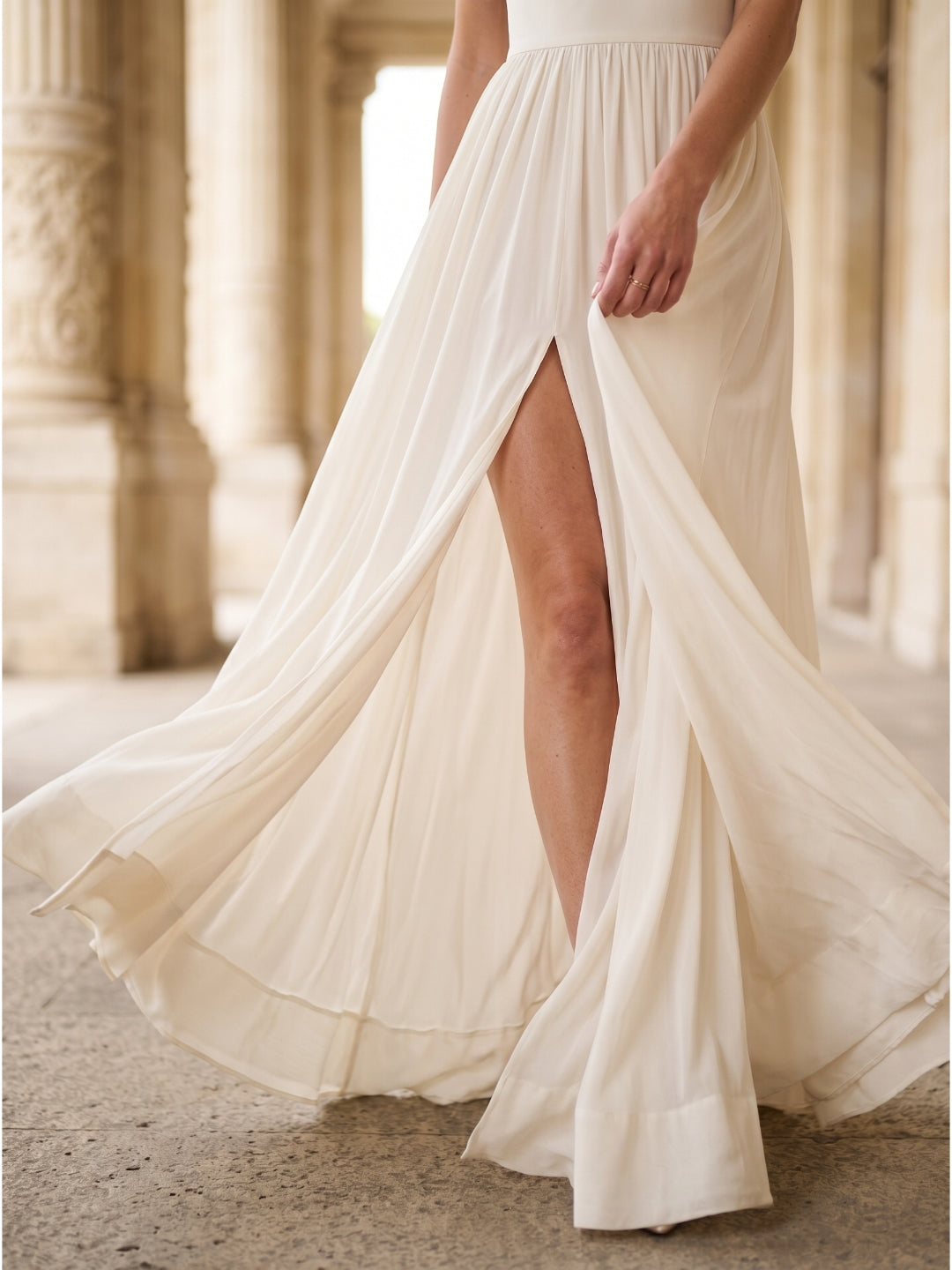 Ivory Chiffon A-Line Square Neck Floor-Length Bridesmaid Dress with Bow