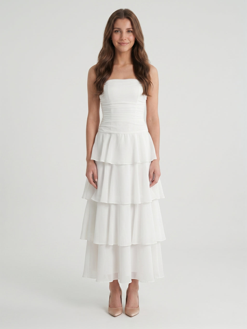 Ivory Chiffon A-Line Straight Neck Backless Tea-Length Cascading Ruffle Dress