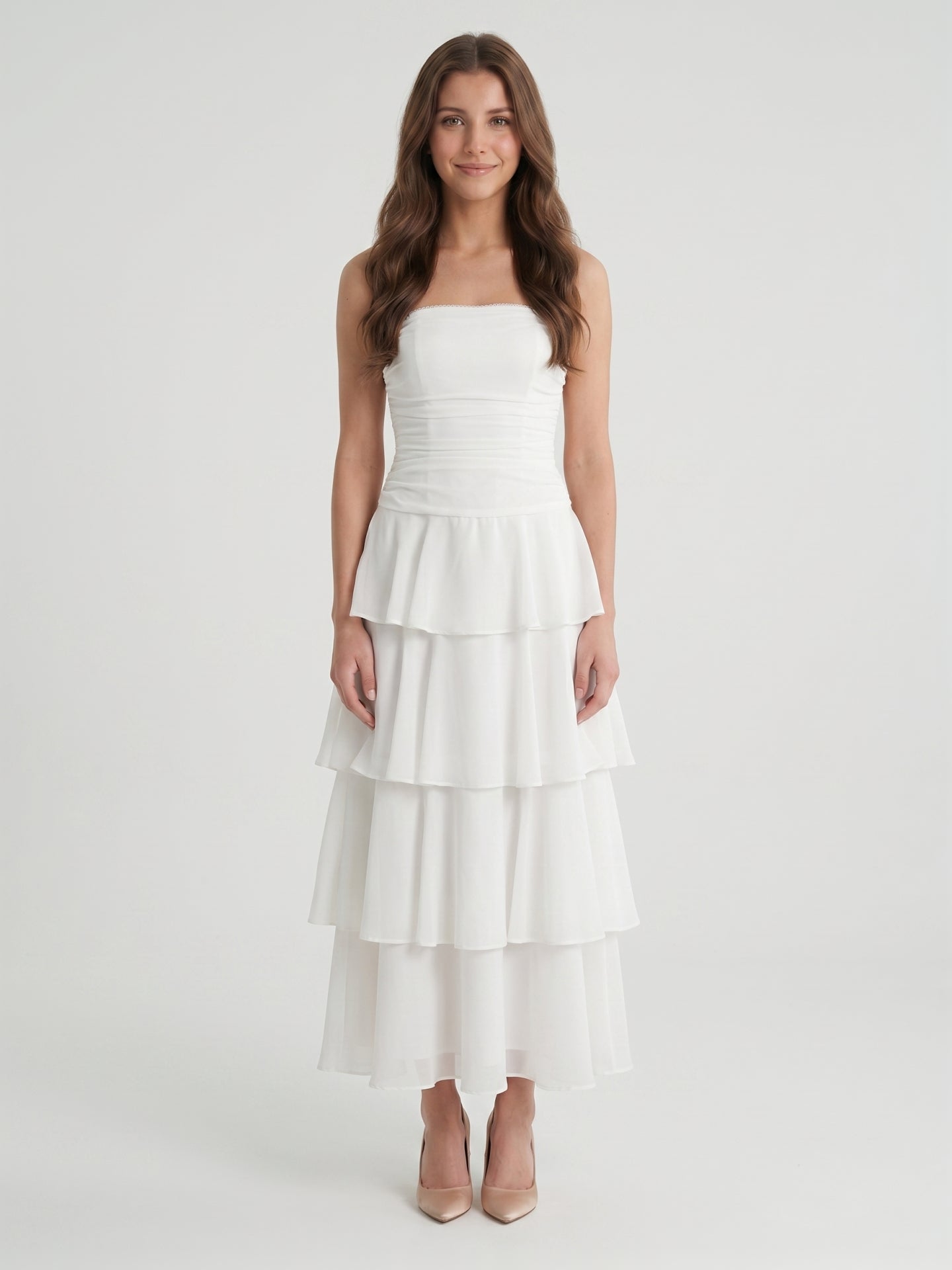 Ivory Chiffon A-Line Straight Neck Backless Tea-Length Cascading Ruffle Dress