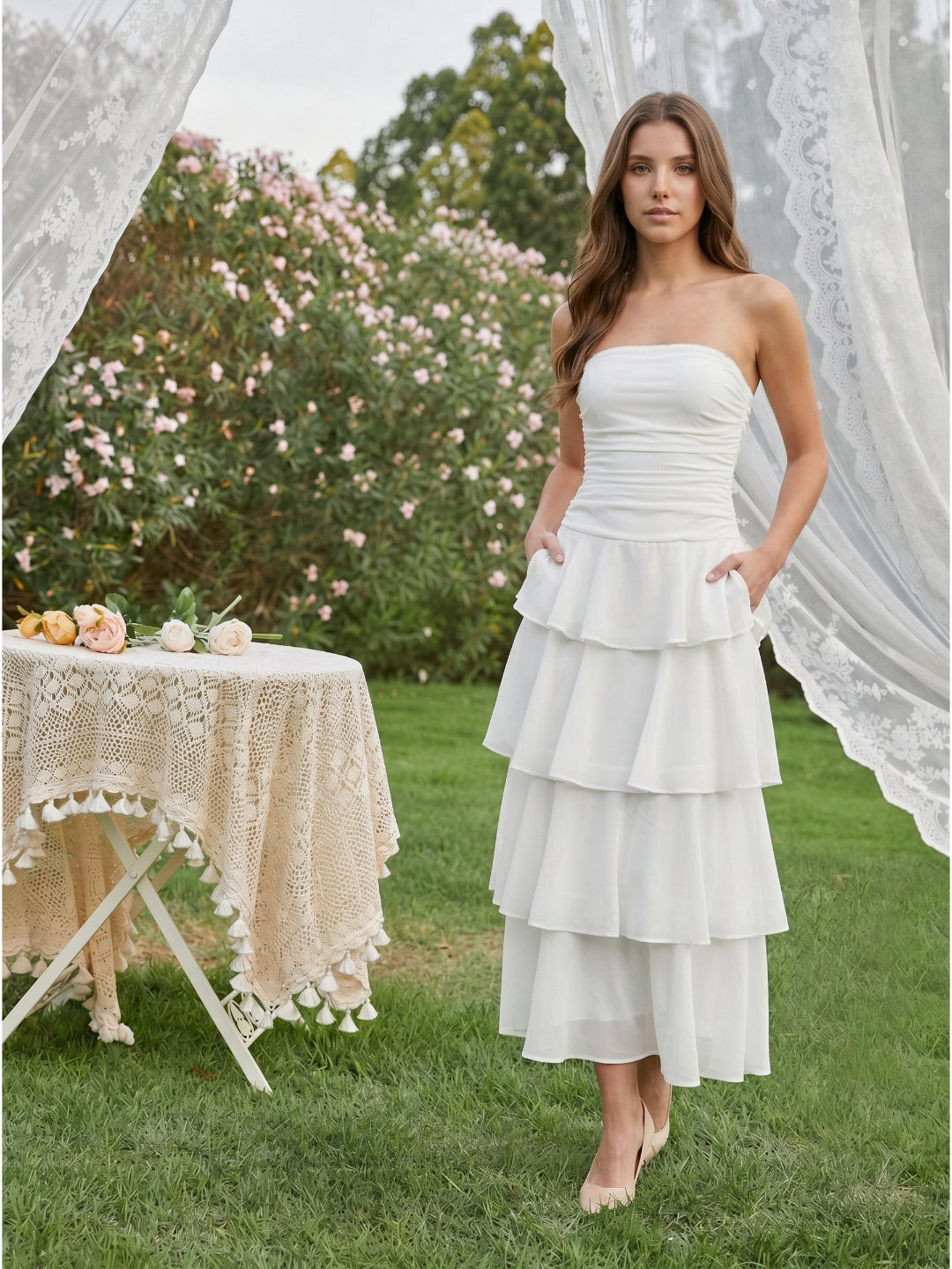 Ivory Chiffon A-Line Straight Neck Backless Tea-Length Cascading Ruffle Dress
