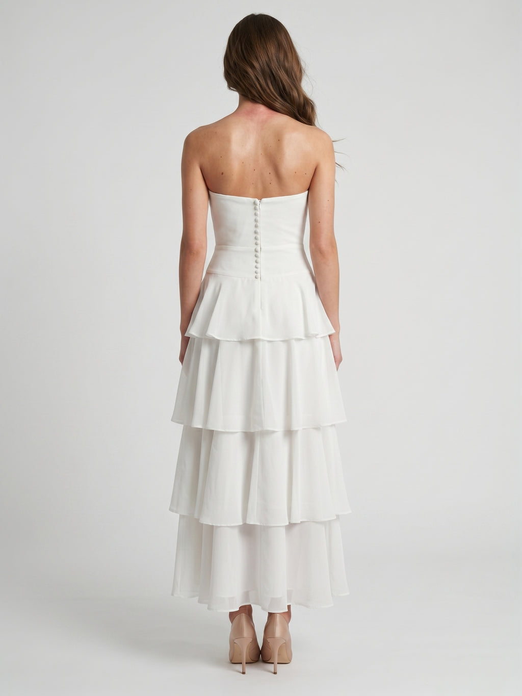 Ivory Chiffon A-Line Straight Neck Backless Tea-Length Cascading Ruffle Dress