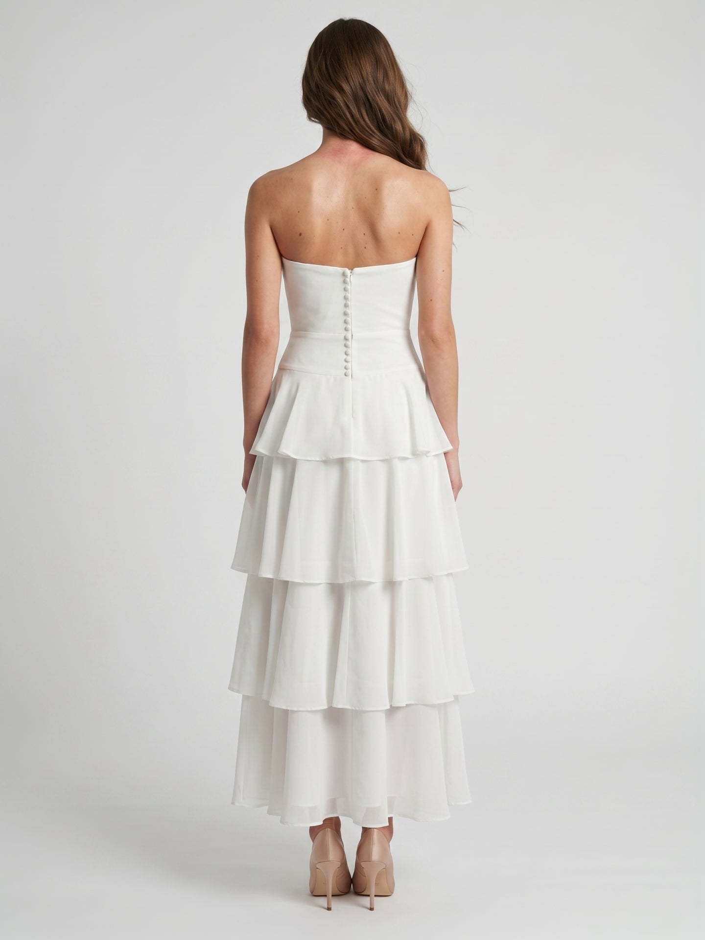 Ivory Chiffon A-Line Straight Neck Backless Tea-Length Cascading Ruffle Dress