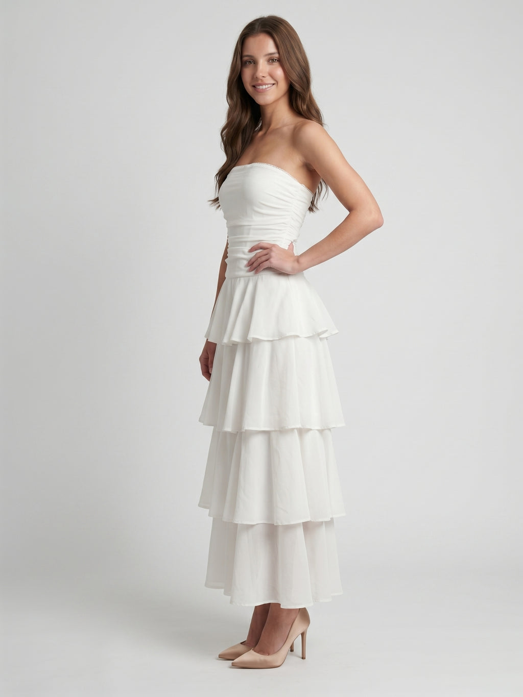 Ivory Chiffon A-Line Straight Neck Backless Tea-Length Cascading Ruffle Dress