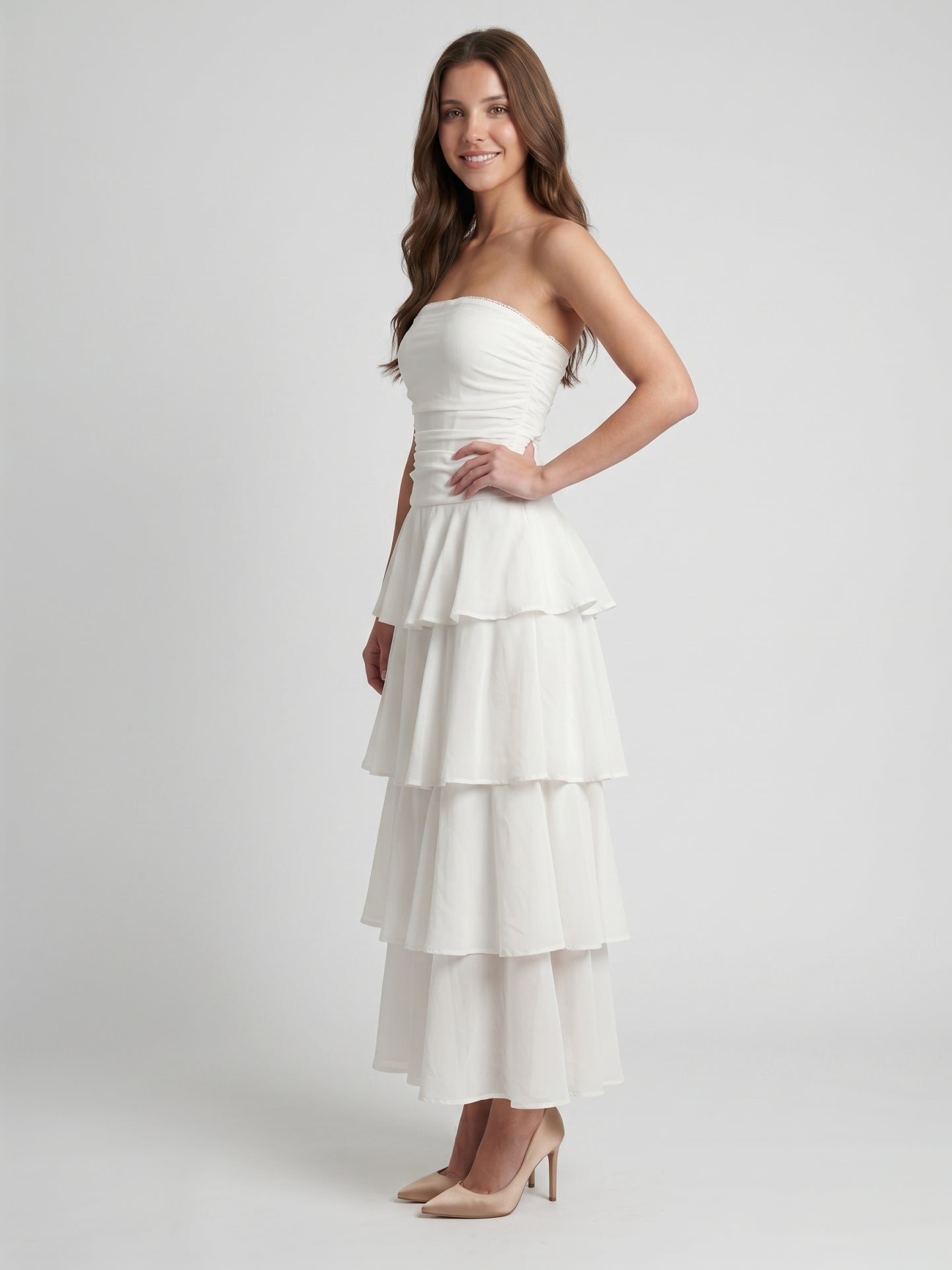 Ivory Chiffon A-Line Straight Neck Backless Tea-Length Cascading Ruffle Dress