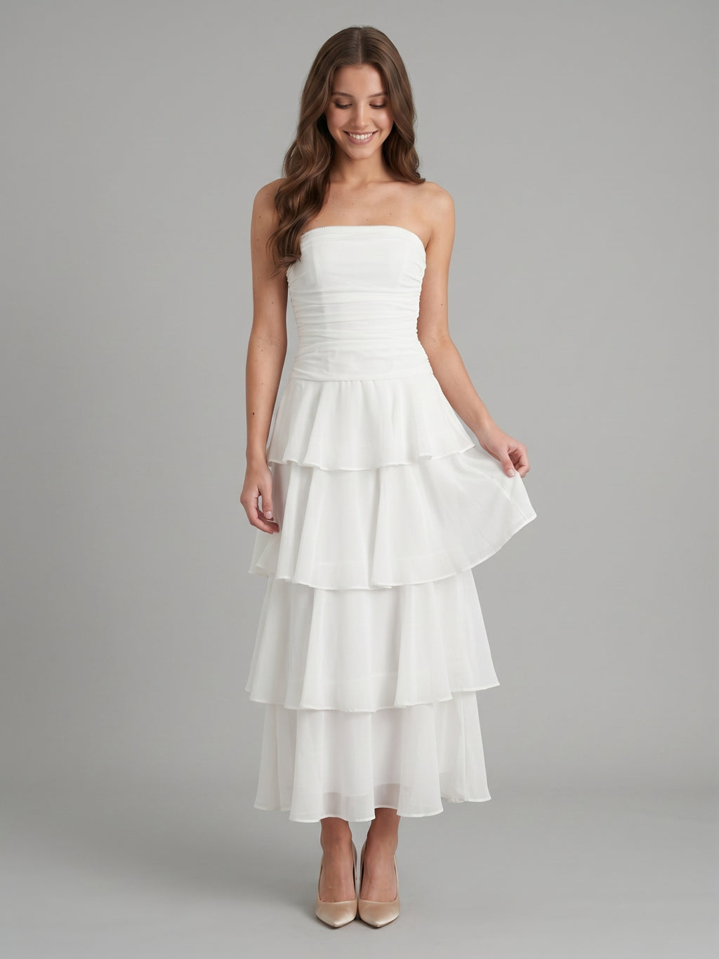 Ivory Chiffon A-Line Straight Neck Backless Tea-Length Cascading Ruffle Dress