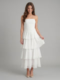 Ivory Chiffon A-Line Straight Neck Backless Tea-Length Cascading Ruffle Dress