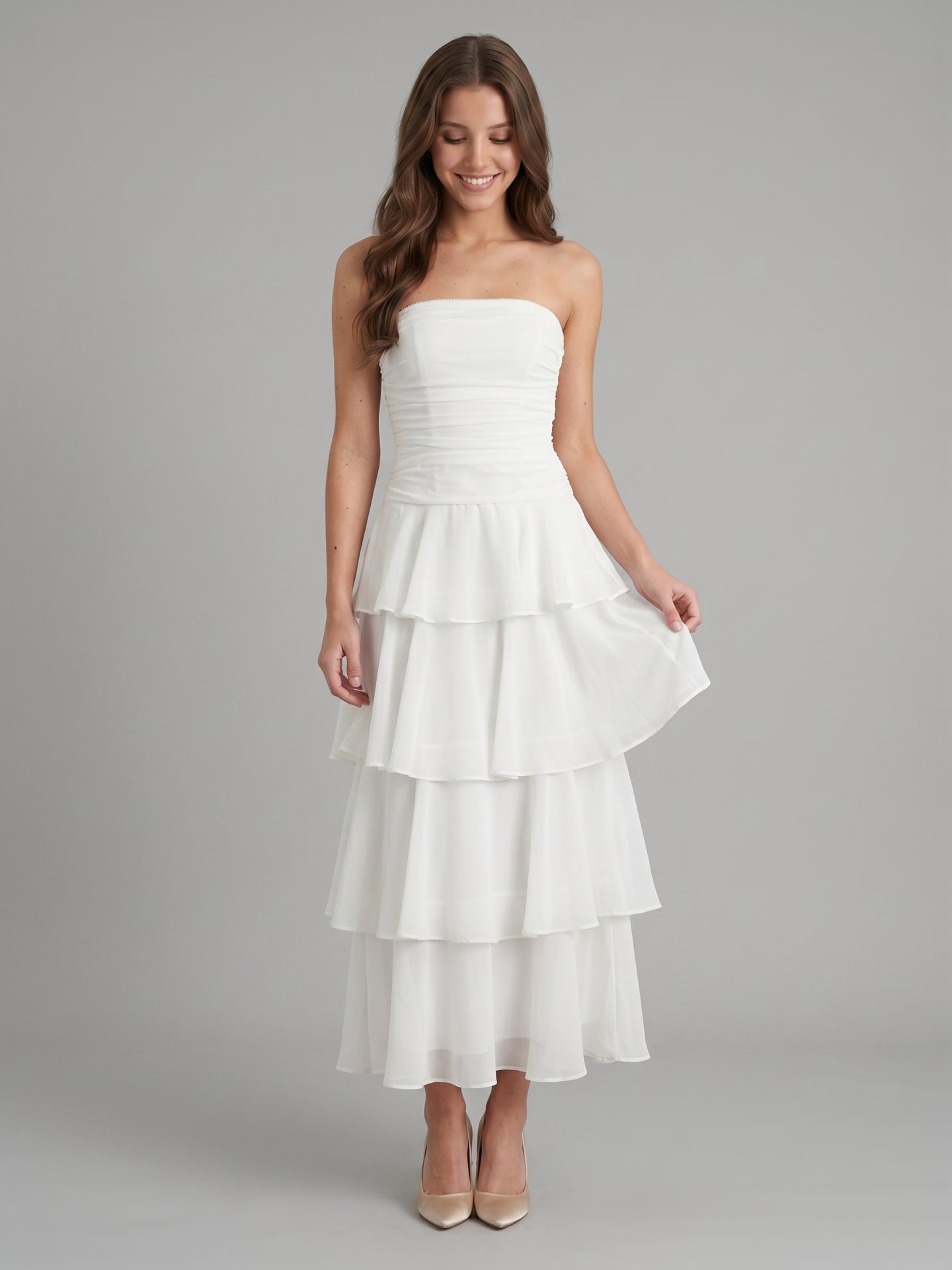 Ivory Chiffon A-Line Straight Neck Backless Tea-Length Cascading Ruffle Dress