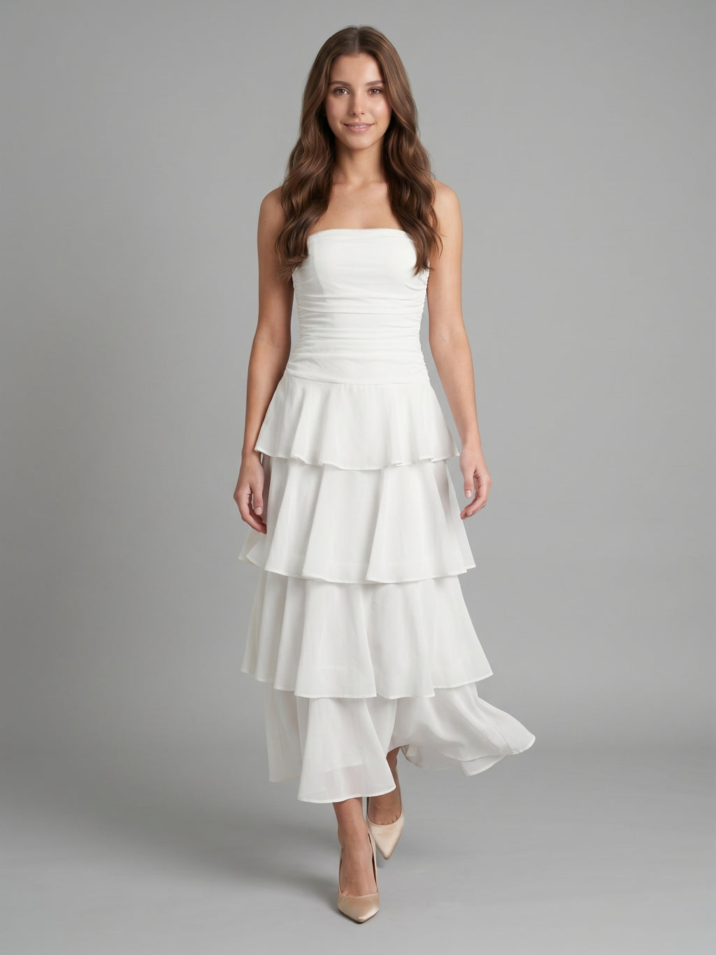 Ivory Chiffon A-Line Straight Neck Backless Tea-Length Cascading Ruffle Dress