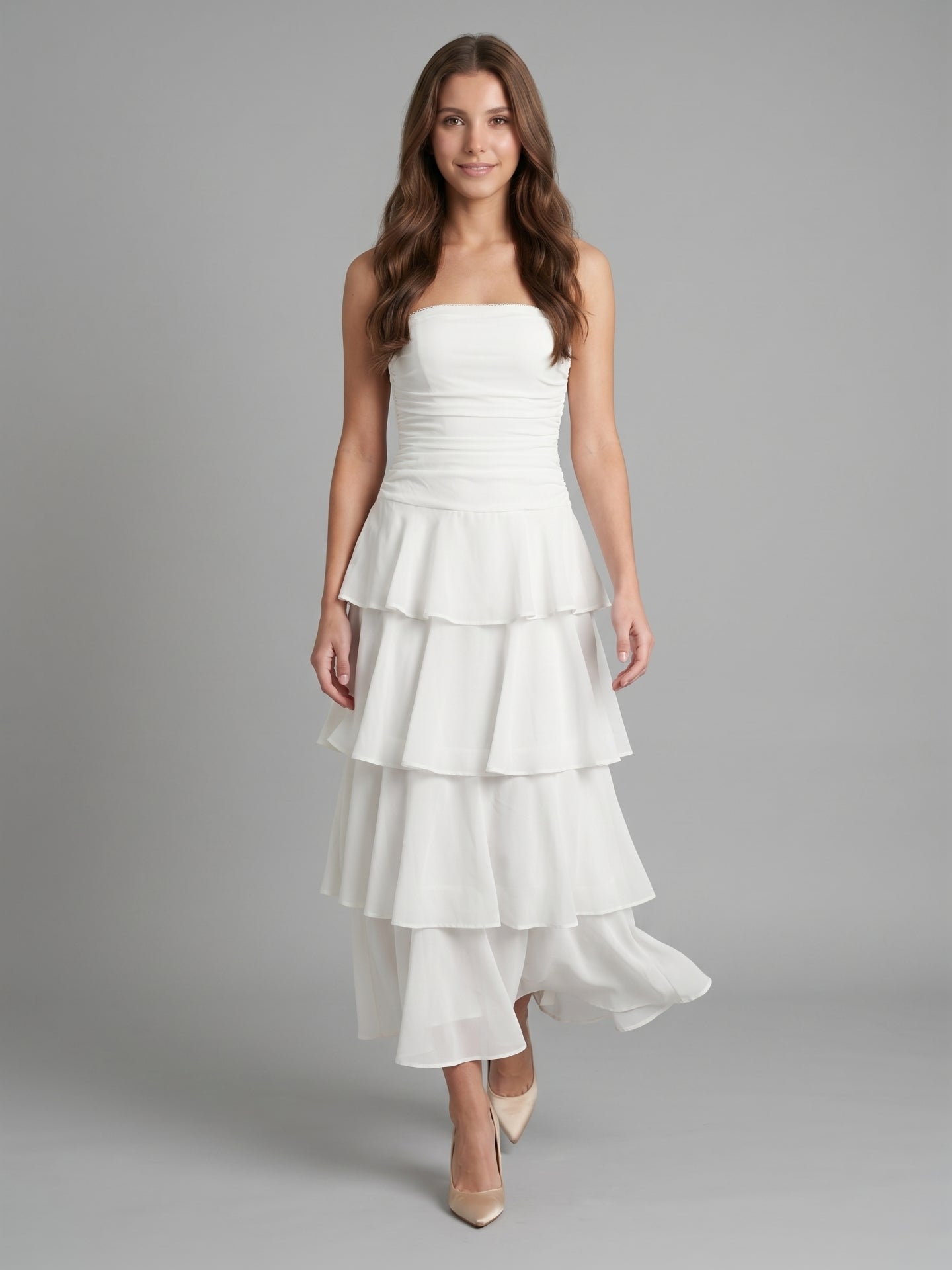 Ivory Chiffon A-Line Straight Neck Backless Tea-Length Cascading Ruffle Dress