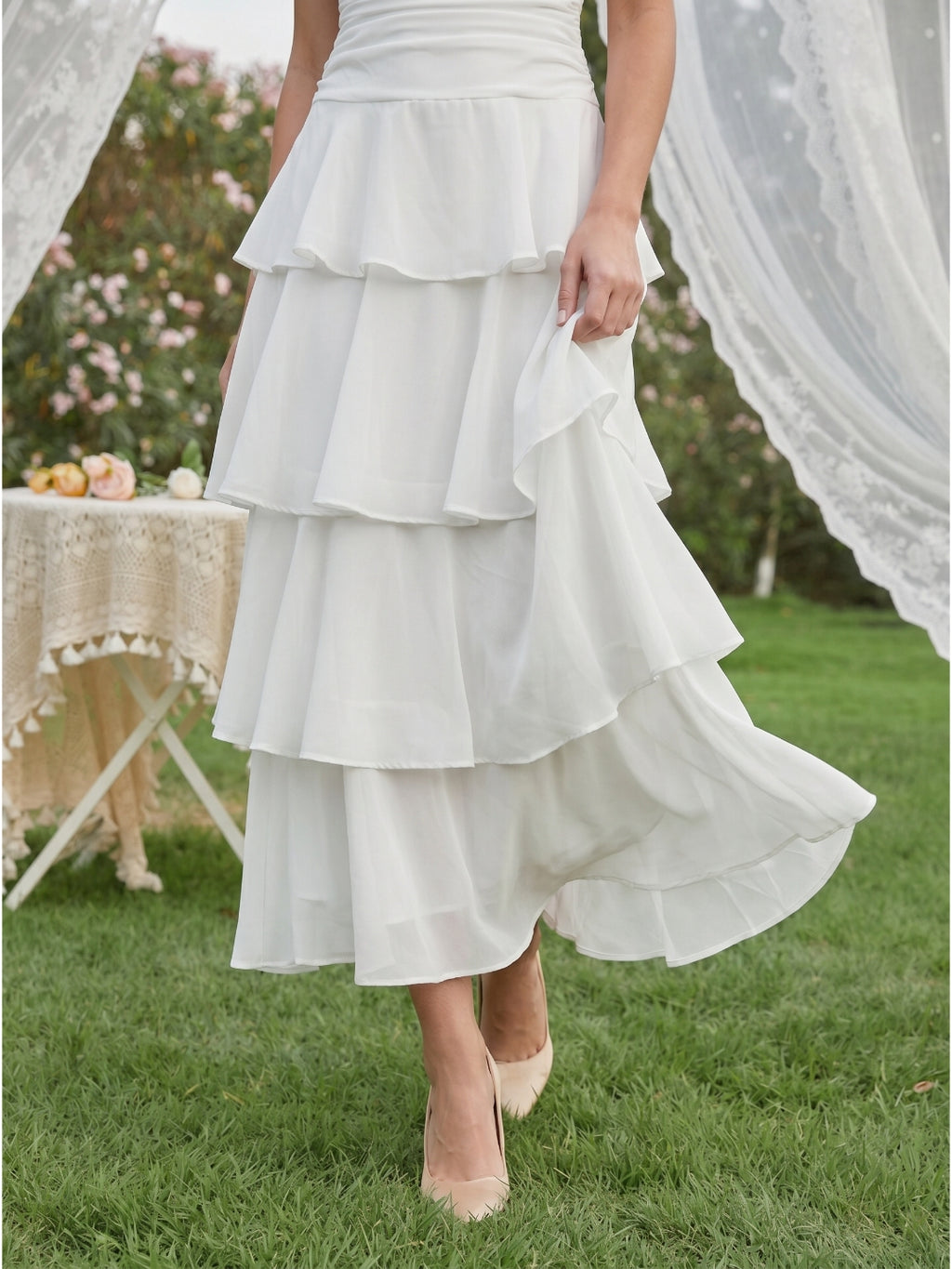 Ivory Chiffon A-Line Straight Neck Backless Tea-Length Cascading Ruffle Dress