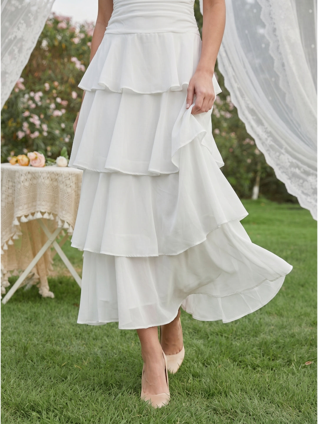 Ivory Chiffon A-Line Straight Neck Backless Tea-Length Cascading Ruffle Dress
