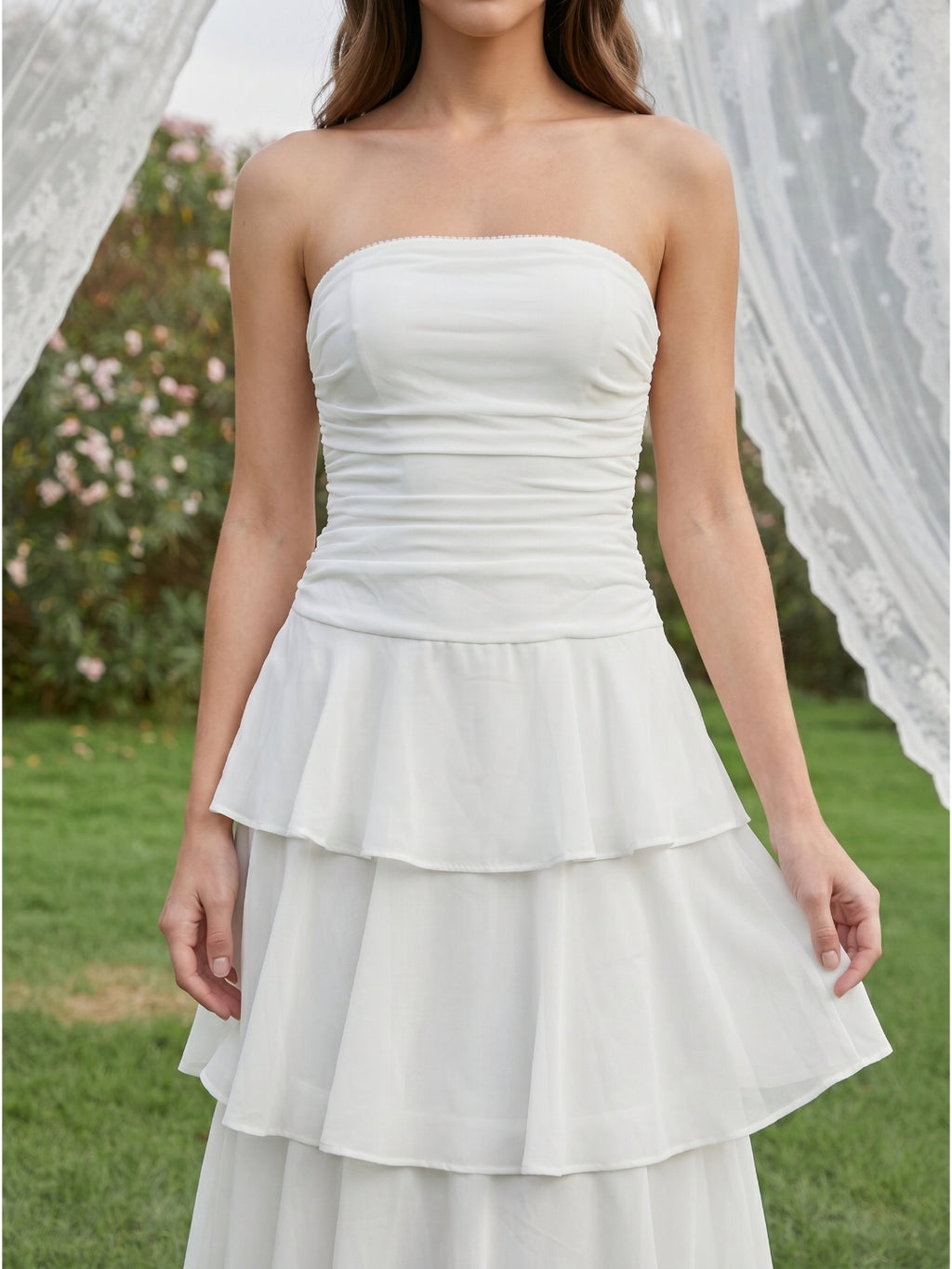 Ivory Chiffon A-Line Straight Neck Backless Tea-Length Cascading Ruffle Dress