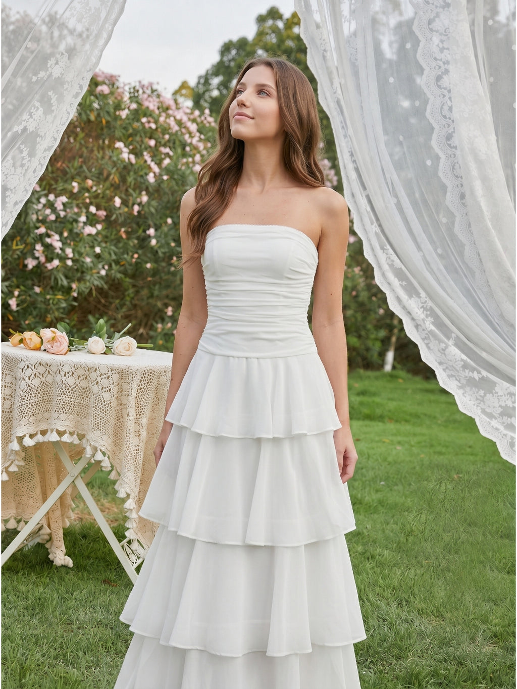Ivory Chiffon A-Line Straight Neck Backless Tea-Length Cascading Ruffle Dress