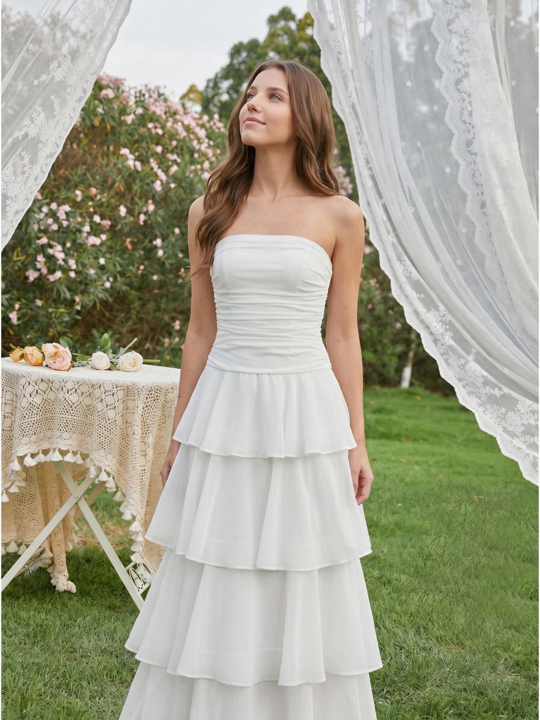 Ivory Chiffon A-Line Straight Neck Backless Tea-Length Cascading Ruffle Dress