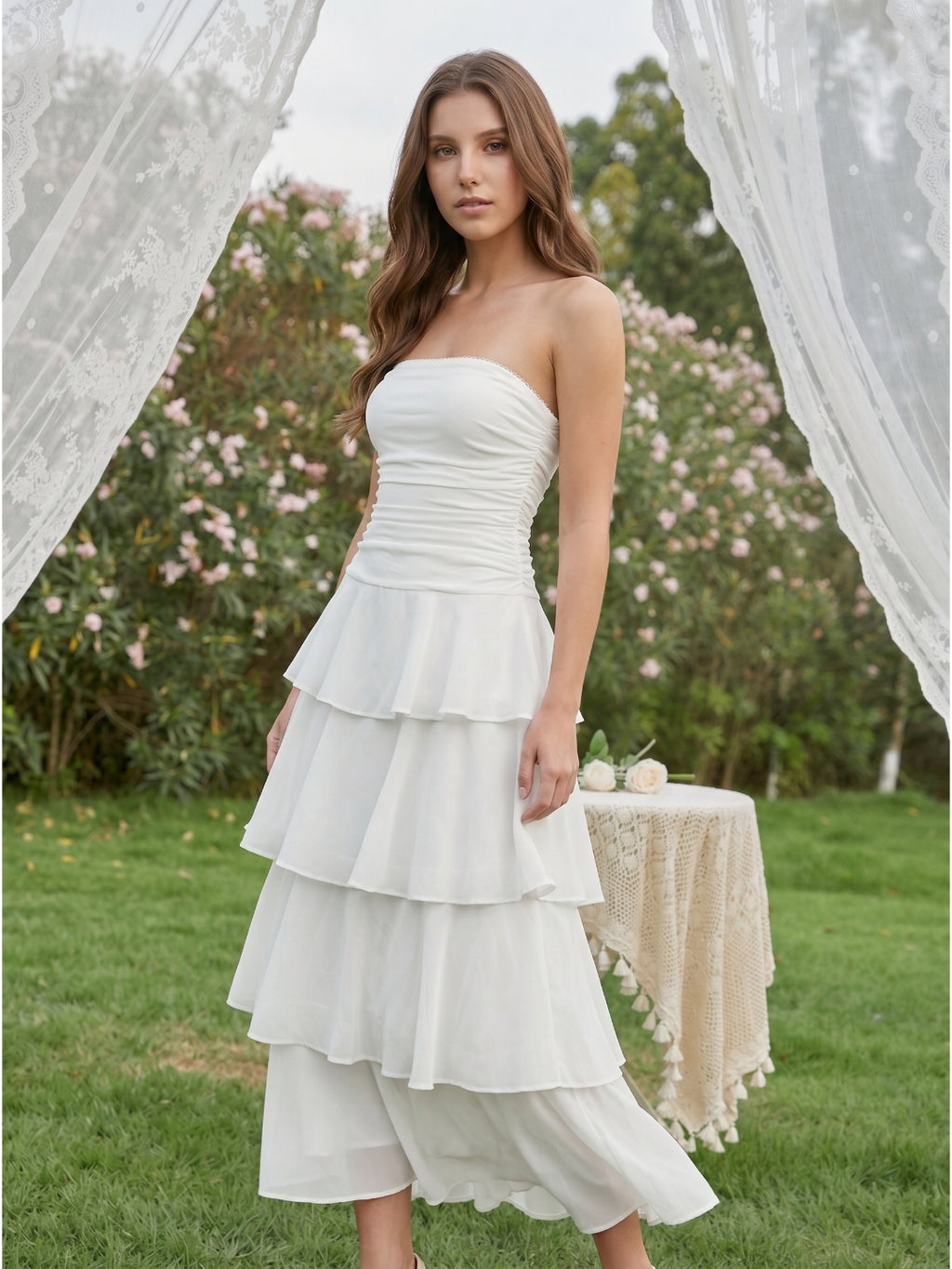 Ivory Chiffon A-Line Straight Neck Backless Tea-Length Cascading Ruffle Dress